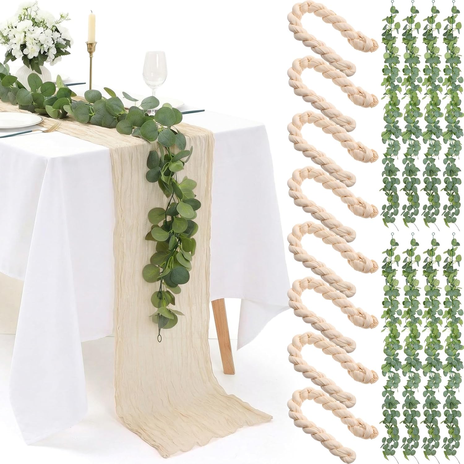 Leinuosen 8 Sets 10 Ft Sage Green Cheesecloth Table Runner Easter Spring Decor with 6 Ft Eucalyptus Garland, Boho Gauze Table Centerpiece Runner for Wedding Baby Shower Birthday Party Decor