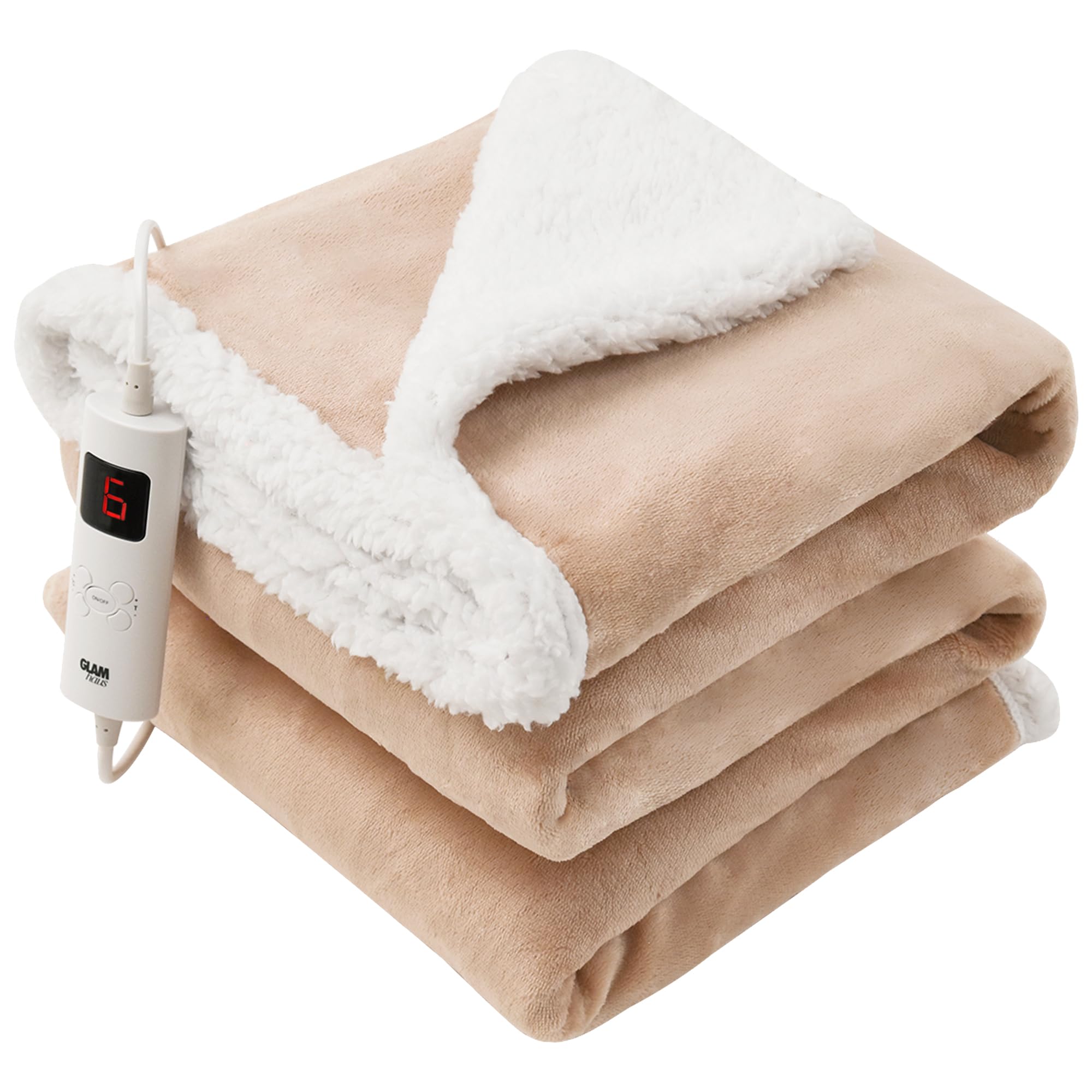 GlamHaus Luxury Electric Heated Throw, Large Reversible Fleece Over Blanket for Sofa or Bed, 160 x 130cm, Heat And Timer Setting, Auto Shut Off, Digital Controller, Machine Washable (Almond)