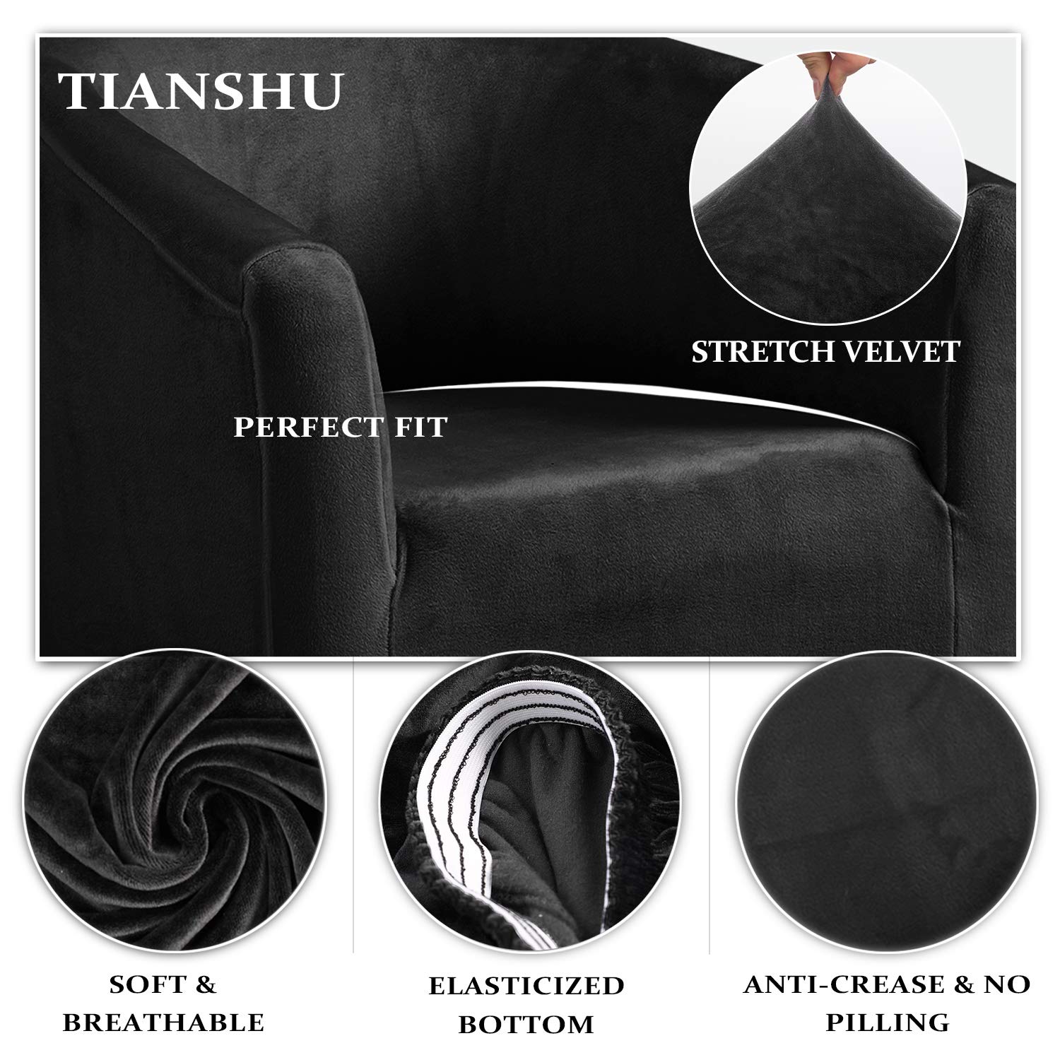 TIANSHU Velluto Poltrona Da Cocktail Chesterfield Fodere Coprisedia, Morbido Peluche Elasticizzato Fodera Per Sedia Da Club Antiscivolo Copripoltrona Rimovibile Universale(Nero)