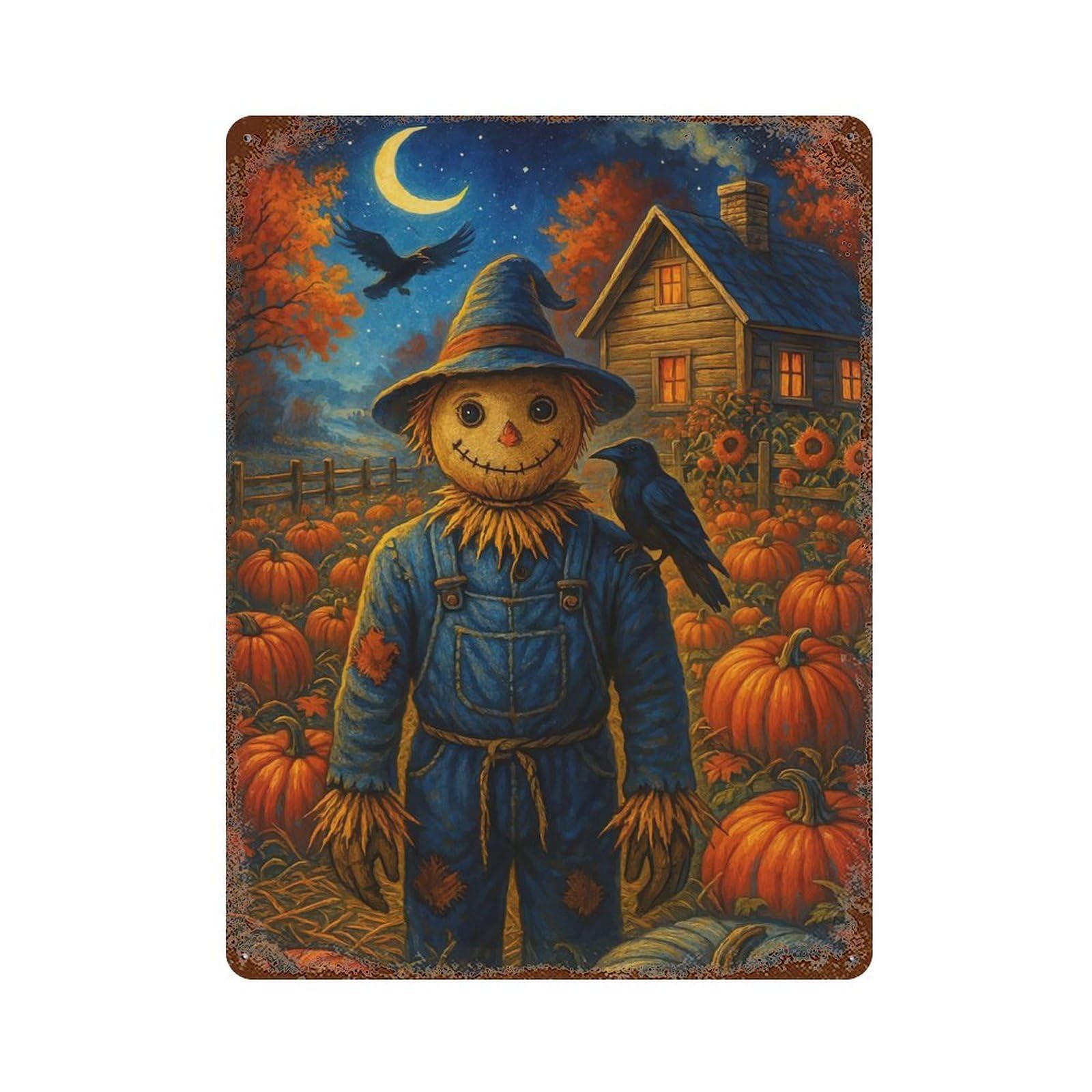 Rust Effect Autumn Scarecrow Pumpkins Crows Rusty Metal Tin Sign 15.7"x11.8", Old School Wall Decor for Basement, Hobby Room And Garage Decor