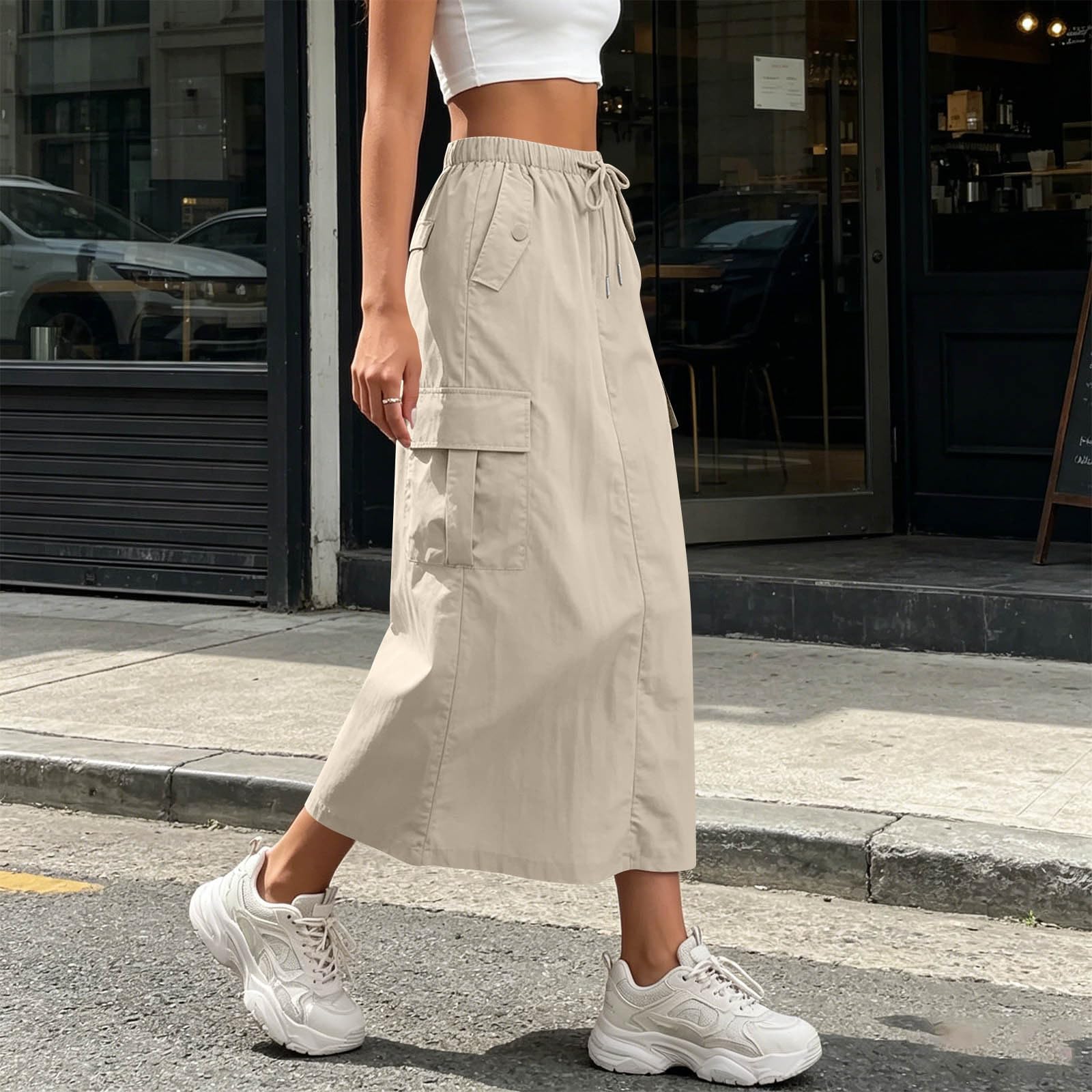 Langer Rock Damen Sommerrock Midirock Elegant Lang Cargo Rock mit Schlitz Hinten Wanderrock Sommer Cargorock Einfarbiges Lässig Sportrock mit Elastische Taille und Kordelzug Freizeitrock