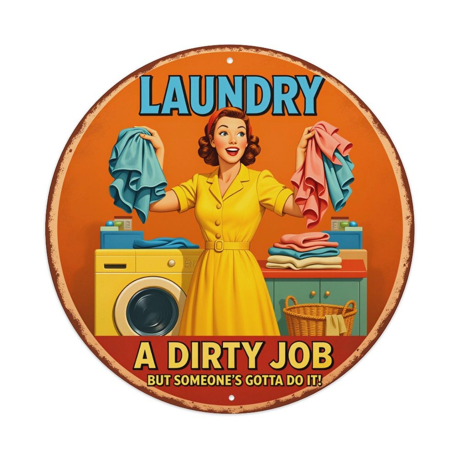 Laundry Woman Holding Clothes Round Tin Sign Vintage Metal Poster, Home Bar Garage Man Cave Cafe Indoor & Outdoor Wall Decoration 8x8Inches