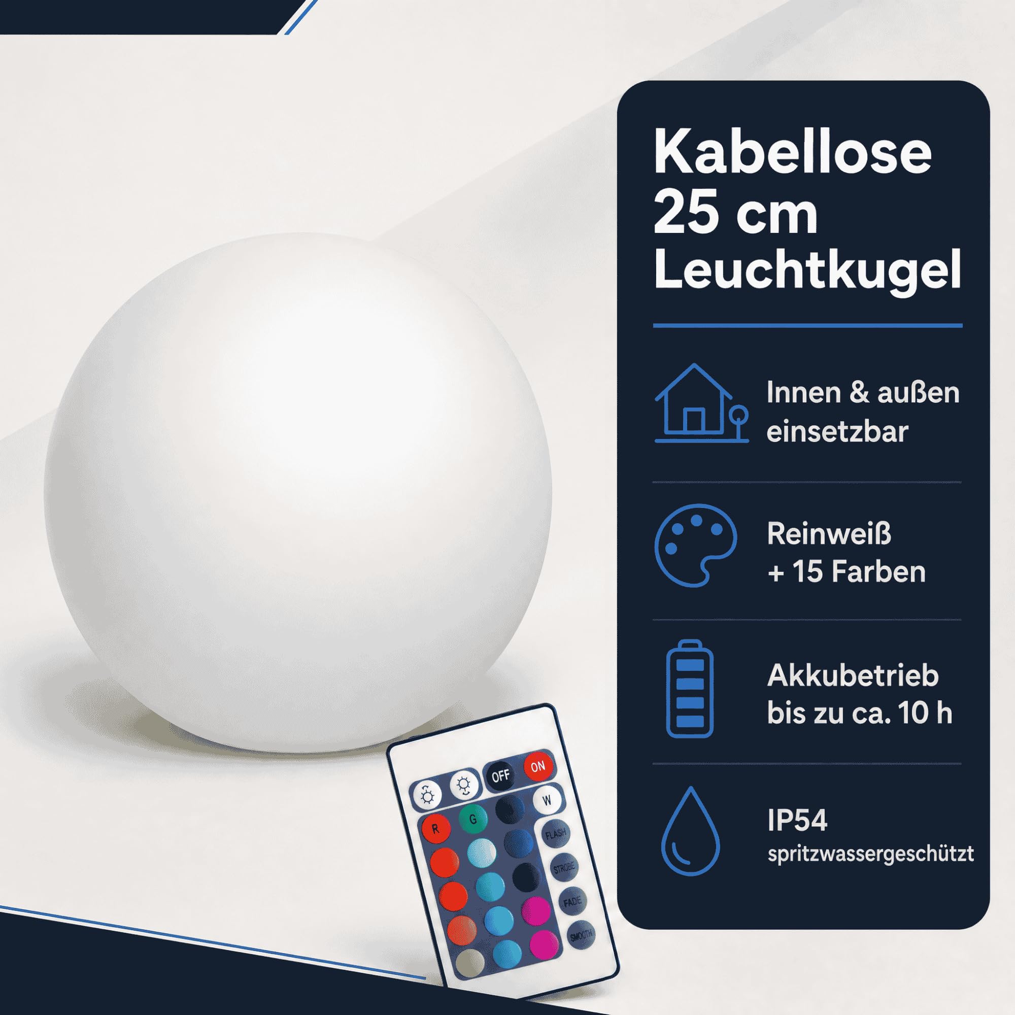 @tec LED Leuchtkugel für Garten & Terrasse, 25 cm Durchmesser, mit Fernbedienung für RGB Farbwechsel und Dimmung, mit Akku, IP54, hängend oder stehend, USB aufladbar, robuste PE-Hülle