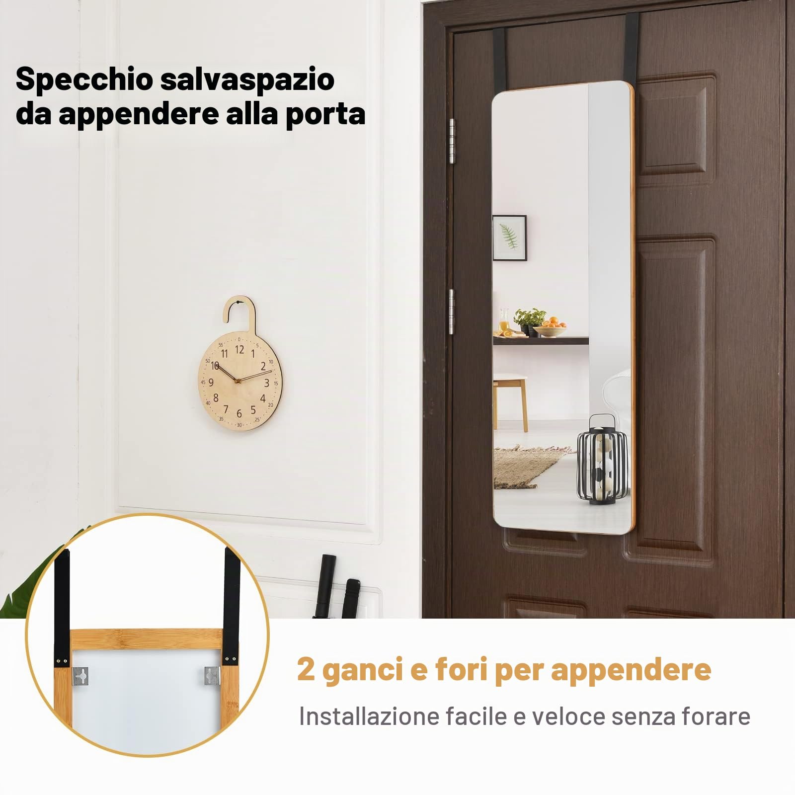 GYMAX Specchio da Porta e da Parete, con Cornice Rettangolare in Bambù di Alta Qualità, Vetro Molato con Pellicola Protettiva, Design Elegante, Ampia Gamma di Applicazioni, 100x35x1,9 cm
