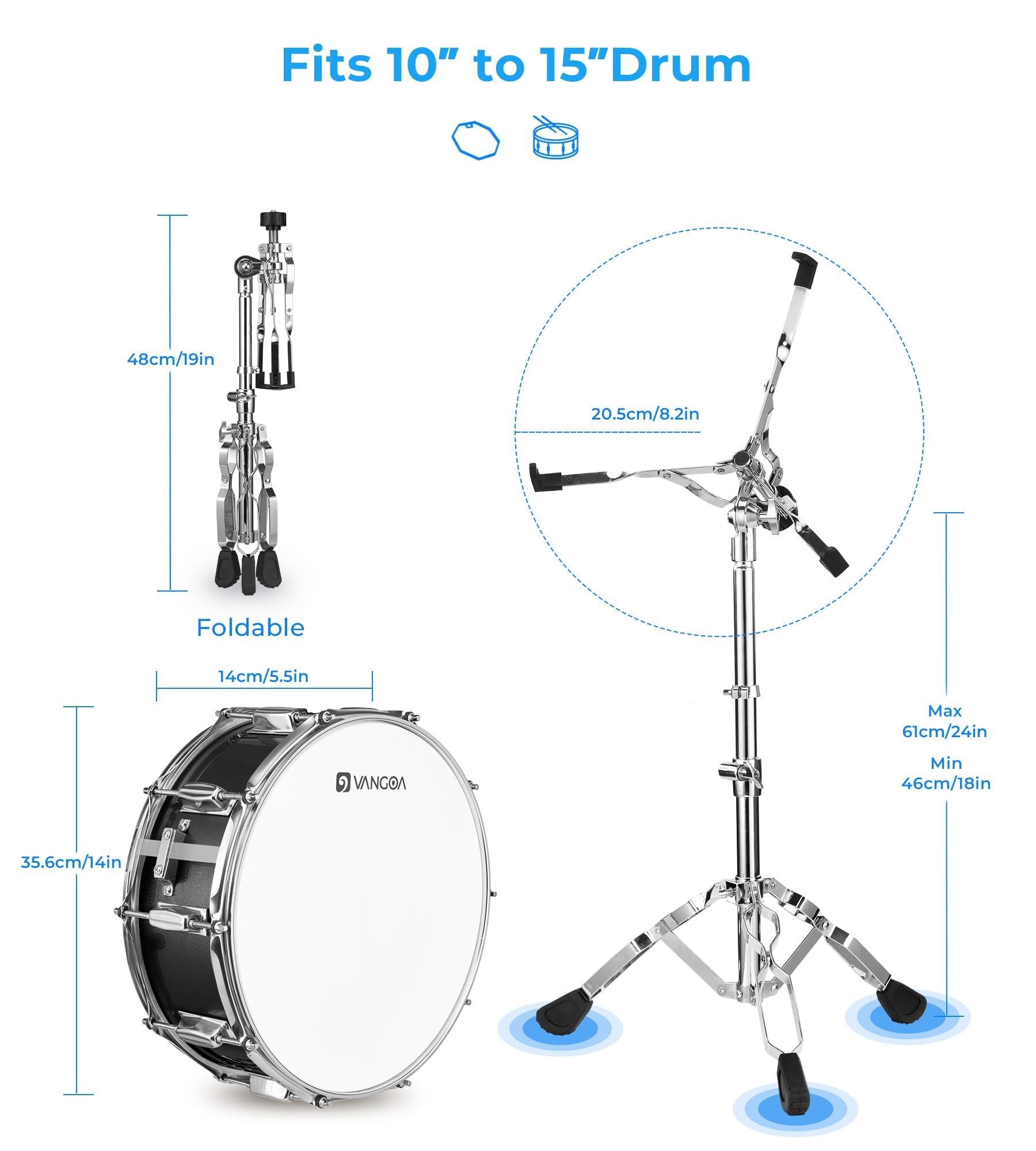 Vangoa Ensemble de caisse claire,Caisse claire de 14 pouces avec support percussion instrument,caisse claire de marche pour étudiants,adulte,débutants,noir