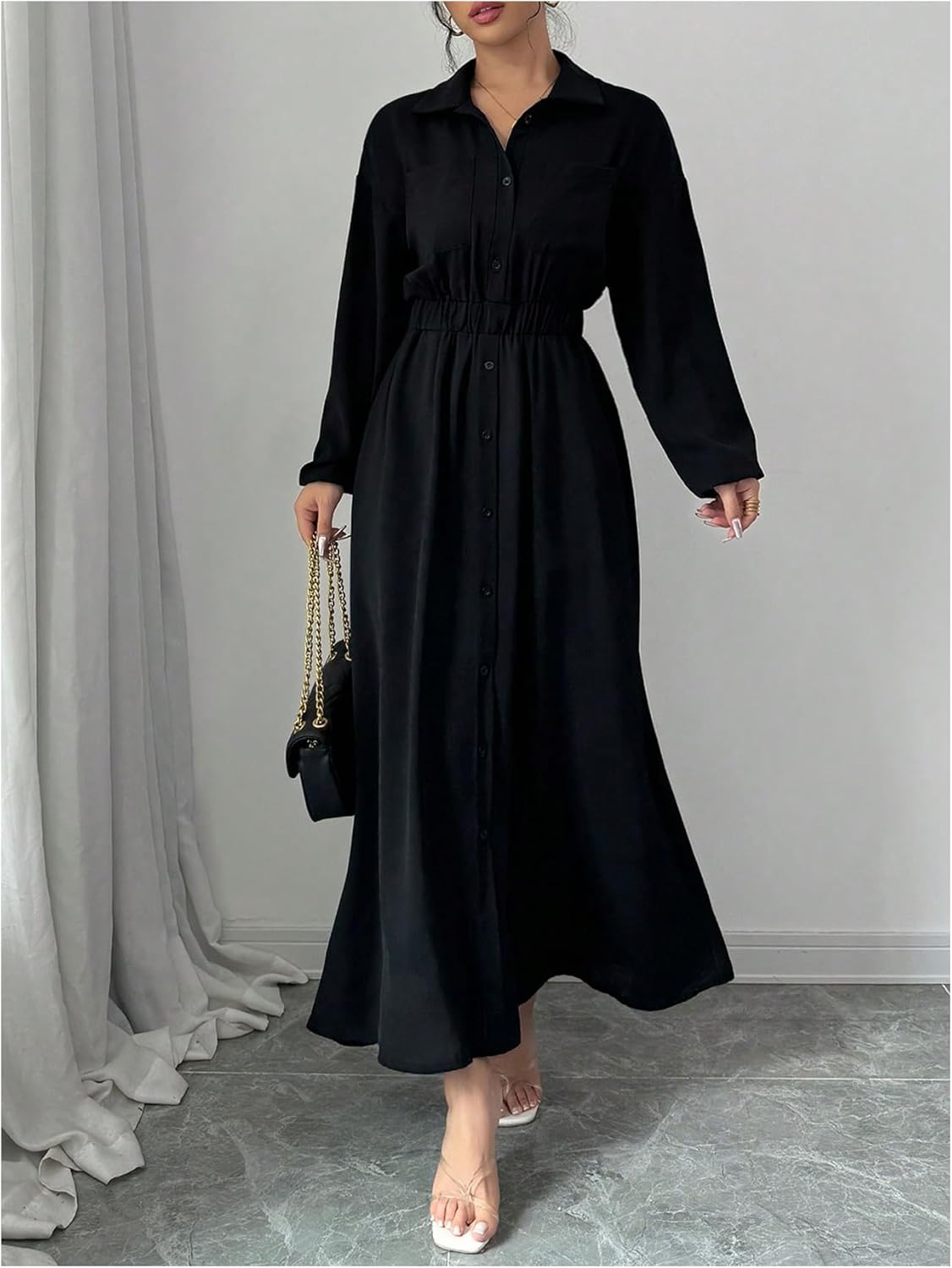 Milumia Women's Long Sleeve Button Down Collared Shirt Dress Cinched Waist A Line Flowy Maxi Dress with Pockets - Image 5