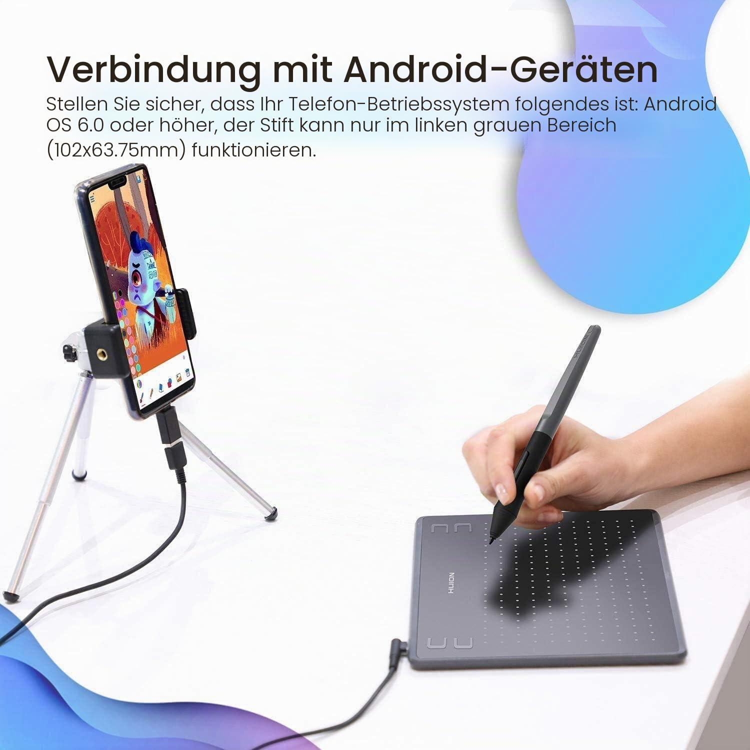 HUION HS64 Grafiktablett mit Batterielosem Stift, 8192 Druckstufen, Zeichentablett für Digitale Kunst, Kompatibel mit Windows Mac Android Linux, Schwarz