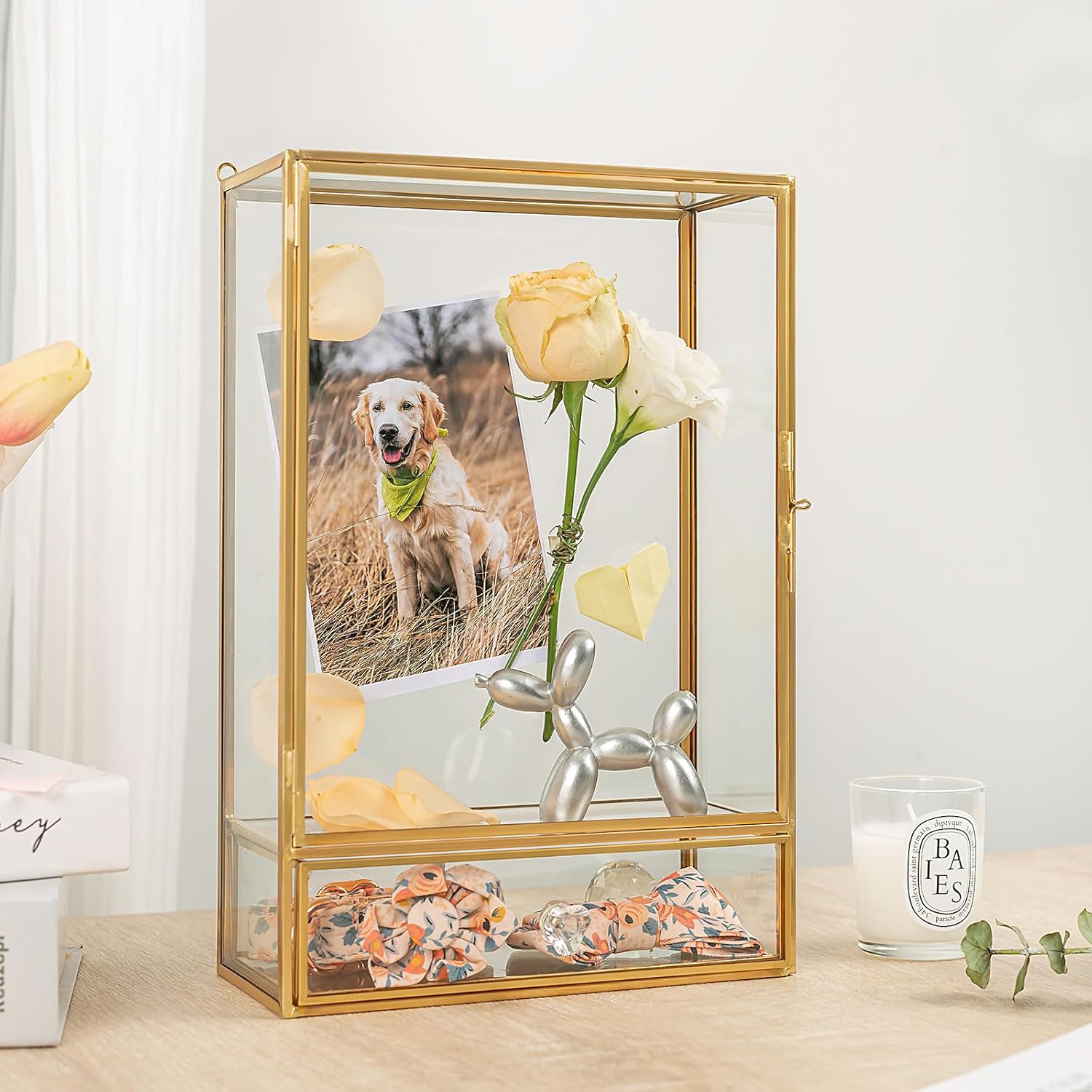 Shadow Box Frame, 3.5" Deep Wedding Shadow Boxes Display Case with Drawer, Glass Gold Shadow Memory Box for Picture, Wedding Bouquet, Pet Memorial and Keepsakes