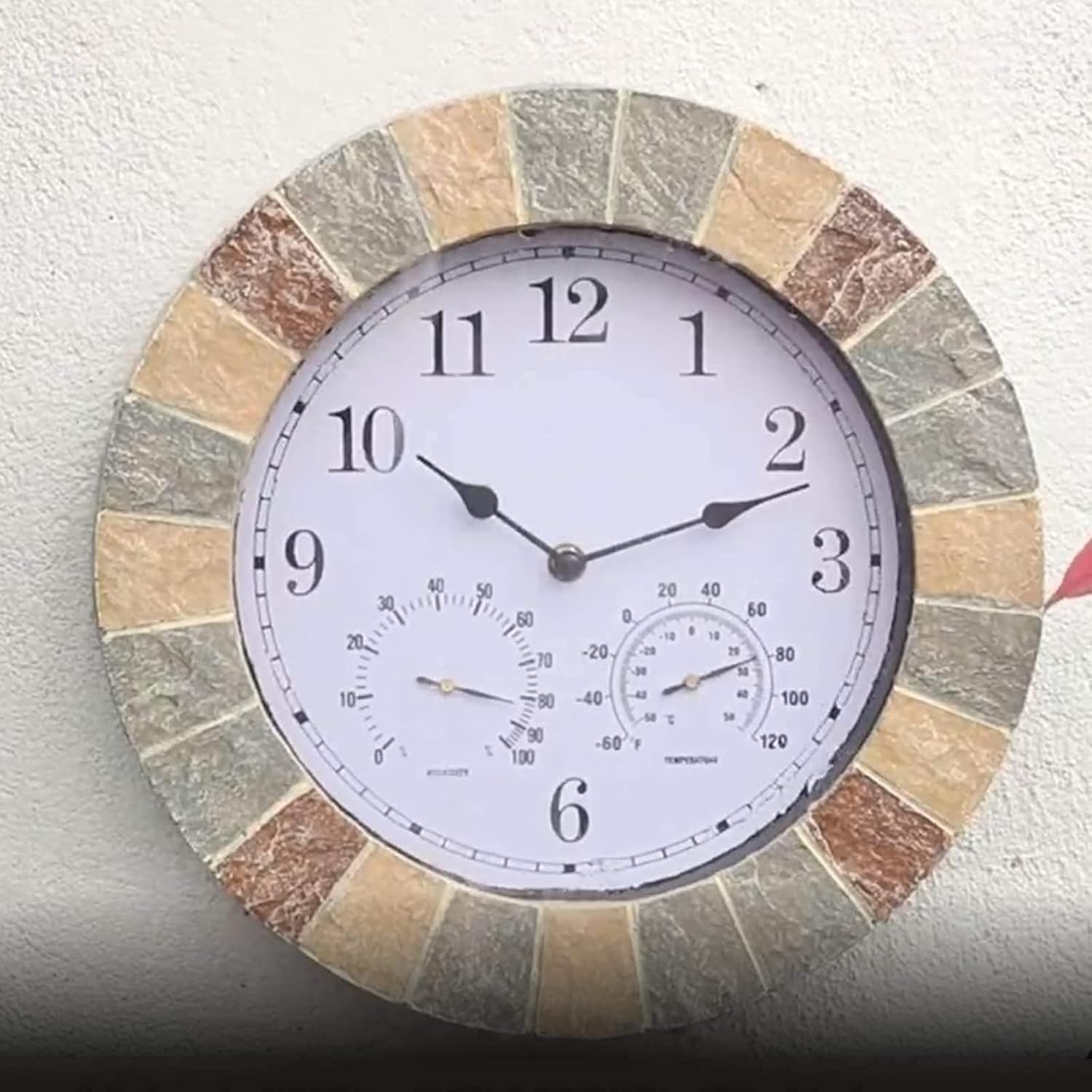 14 Inch Garden Clock Weatherproof Outdoor Resin Thermometer and Hygrometer Outdoor Clock Garden Cover Outdoor Garden Clocks Indoor Outdoor Decoration Wall Clock