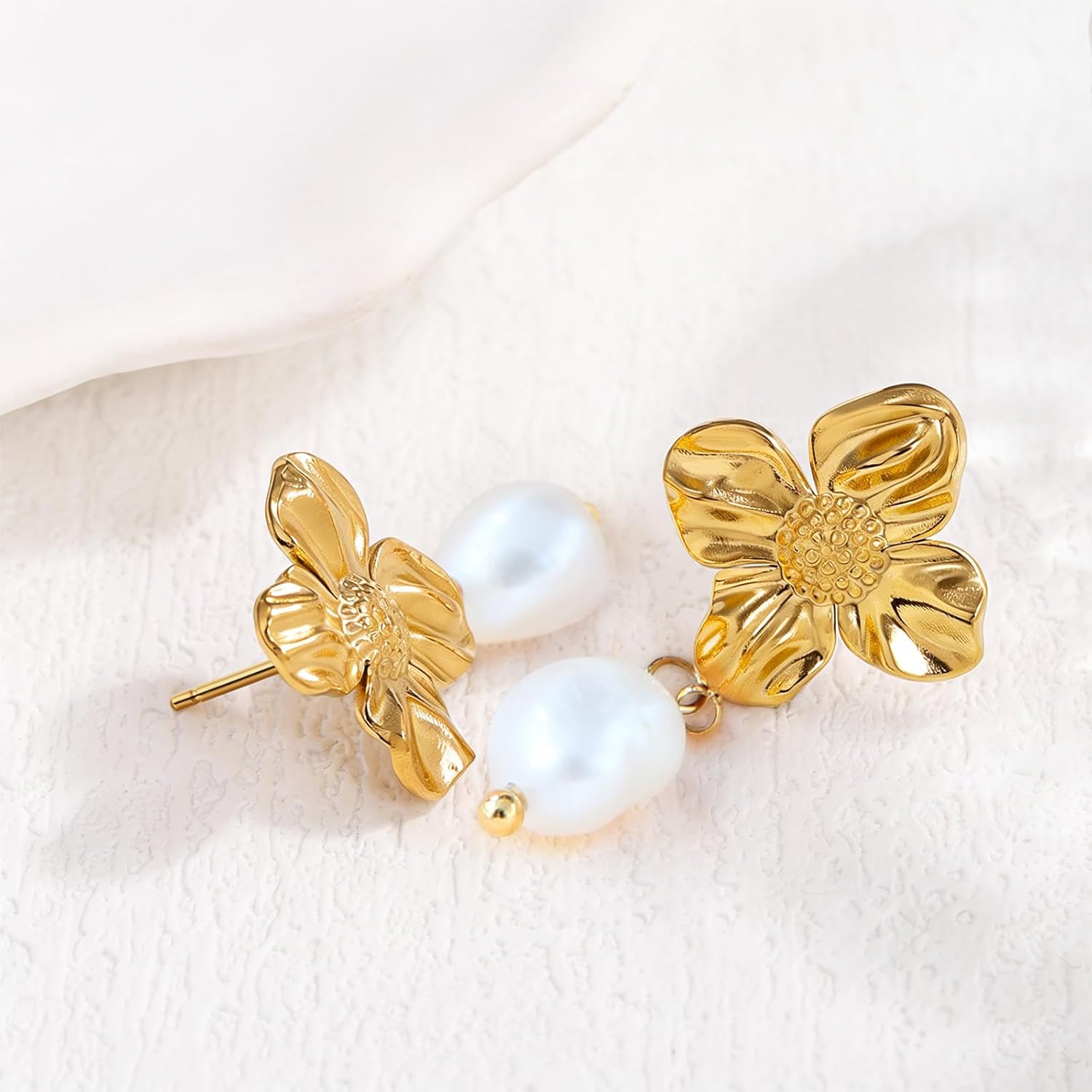 Vintage Pearl Drop Earrings for Women, 14K Gold Plated Flower Stud Earrings with Pearl Dangle, Elegant Lightweight Earrings for Daily Wear, Wedding & Gift - Image 6