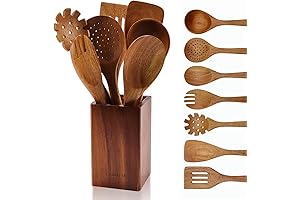Exquisite 8-Piece Wooden Cooking Utensil Set with Elegant Wooden Base: Enhance Your Gastronomic Prowess