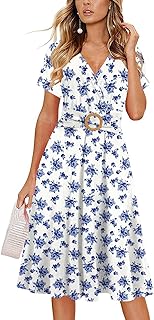 Women's Elegant Criss-Cross V Neck Vintage Short Sleeve Work Casual Fit and Flare Tea Dress with Pockets 980