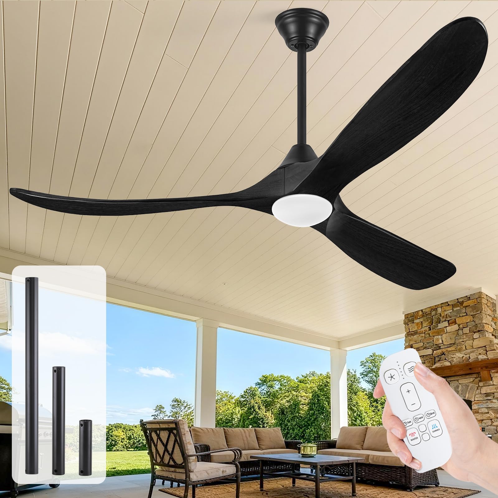 Ventilatori Da Soffitto Per Esterni In Legno Nero Da 178 Cm Con Luce, Moderno Ventilatore Da Soffitto A 3 Pale Con Telecomando, Motore Cc Silenzioso Reversibile