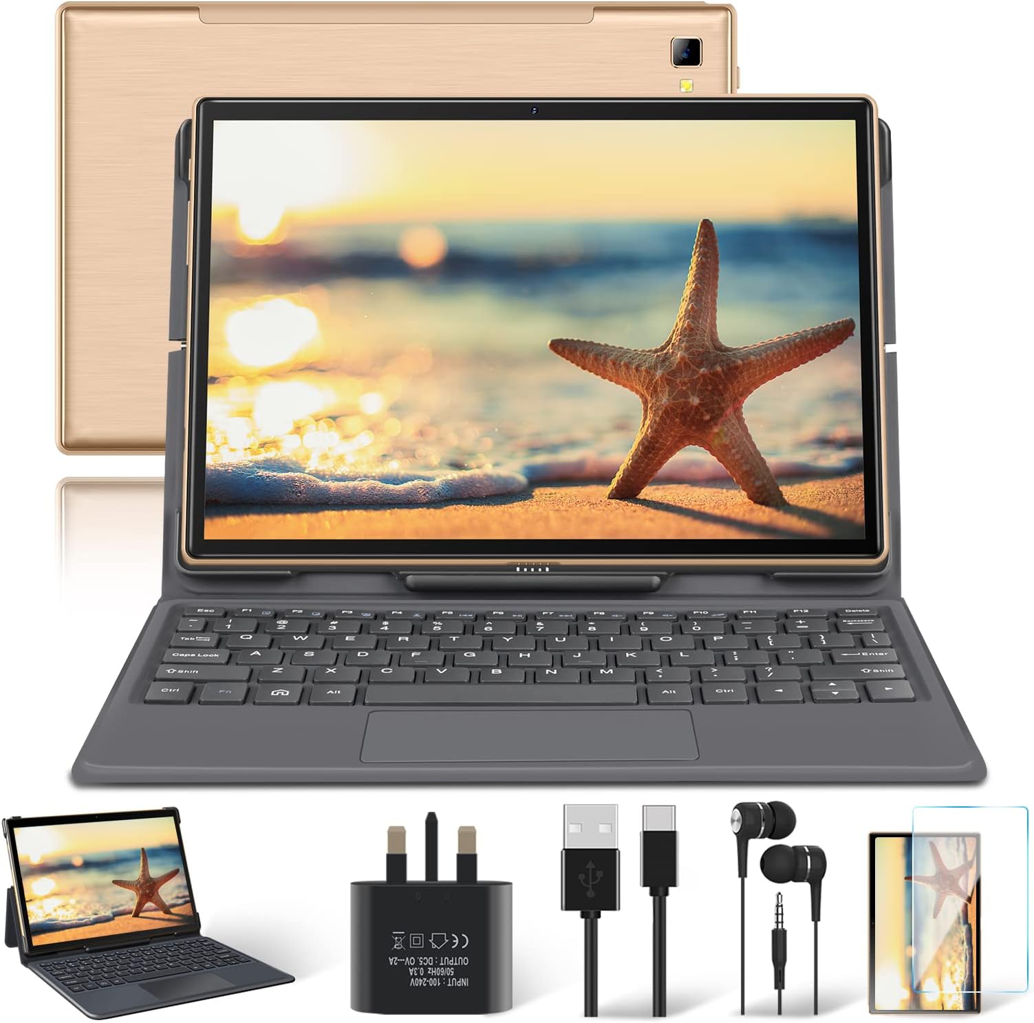YESTEL 5G WiFi Tablet 10 Inch, T5 Original Android 10 Tablet with 4G Lte,64GB ROM Expanded to 128GB/Octa-Core/5MP+8MP Dual Cameras/Bluetooth/GPS/FHD IPS with Keyboard,Gold