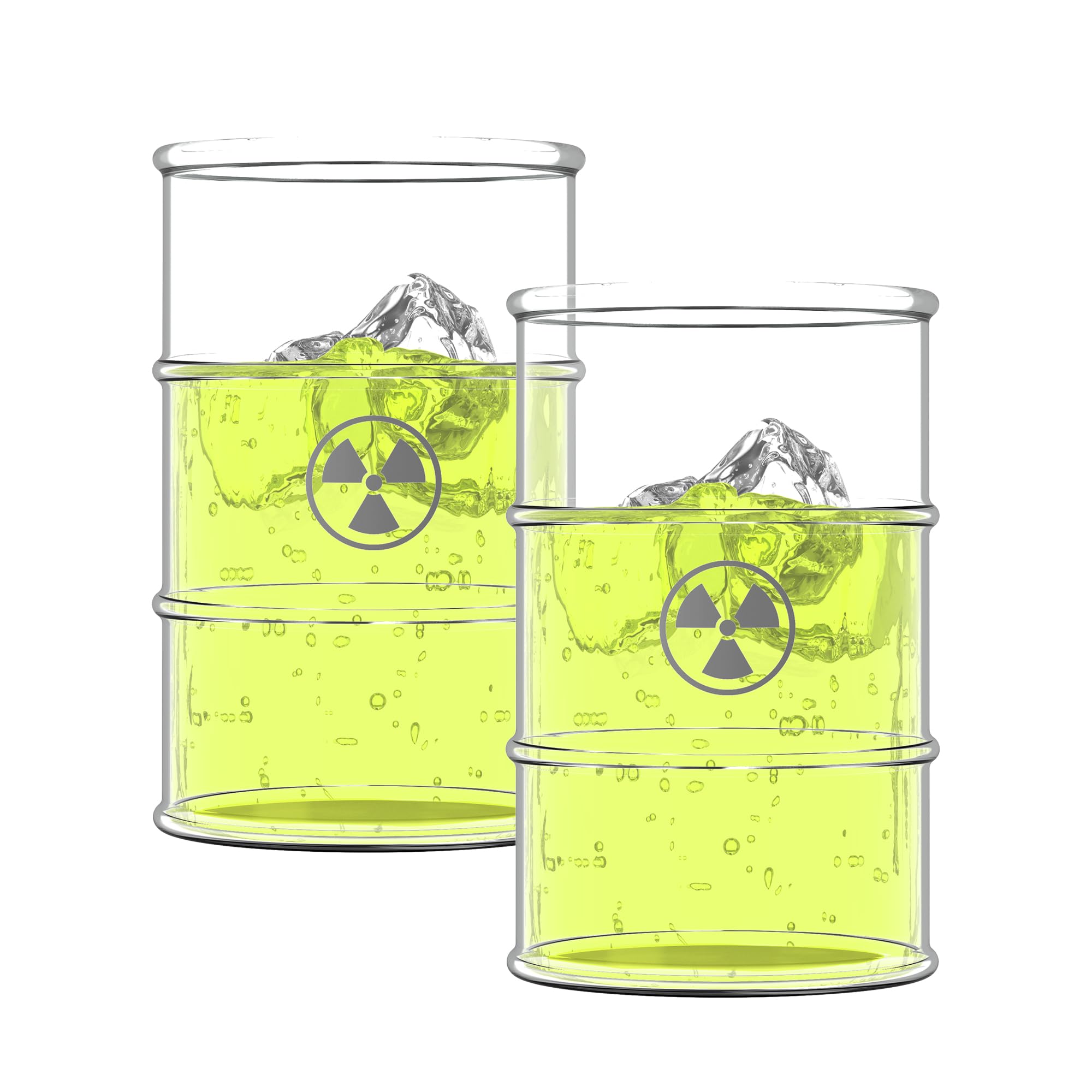 Pund'it Polluted Shatter Resistant Halloween Drink Glasses, Set of 2, 16oz Radioactive Barrel Themed Cocktail and Soda Glasses