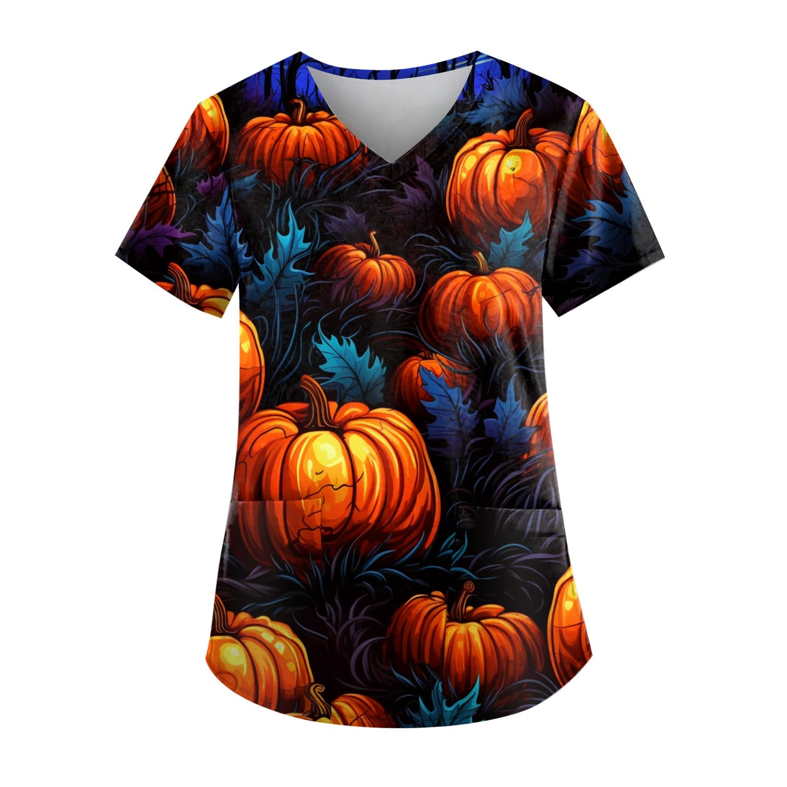 Halloween Scrubs Tops for Women Pumpkins Bats Ghosts Printed Shirts Short Sleeve Nursing Uniform with Pockets