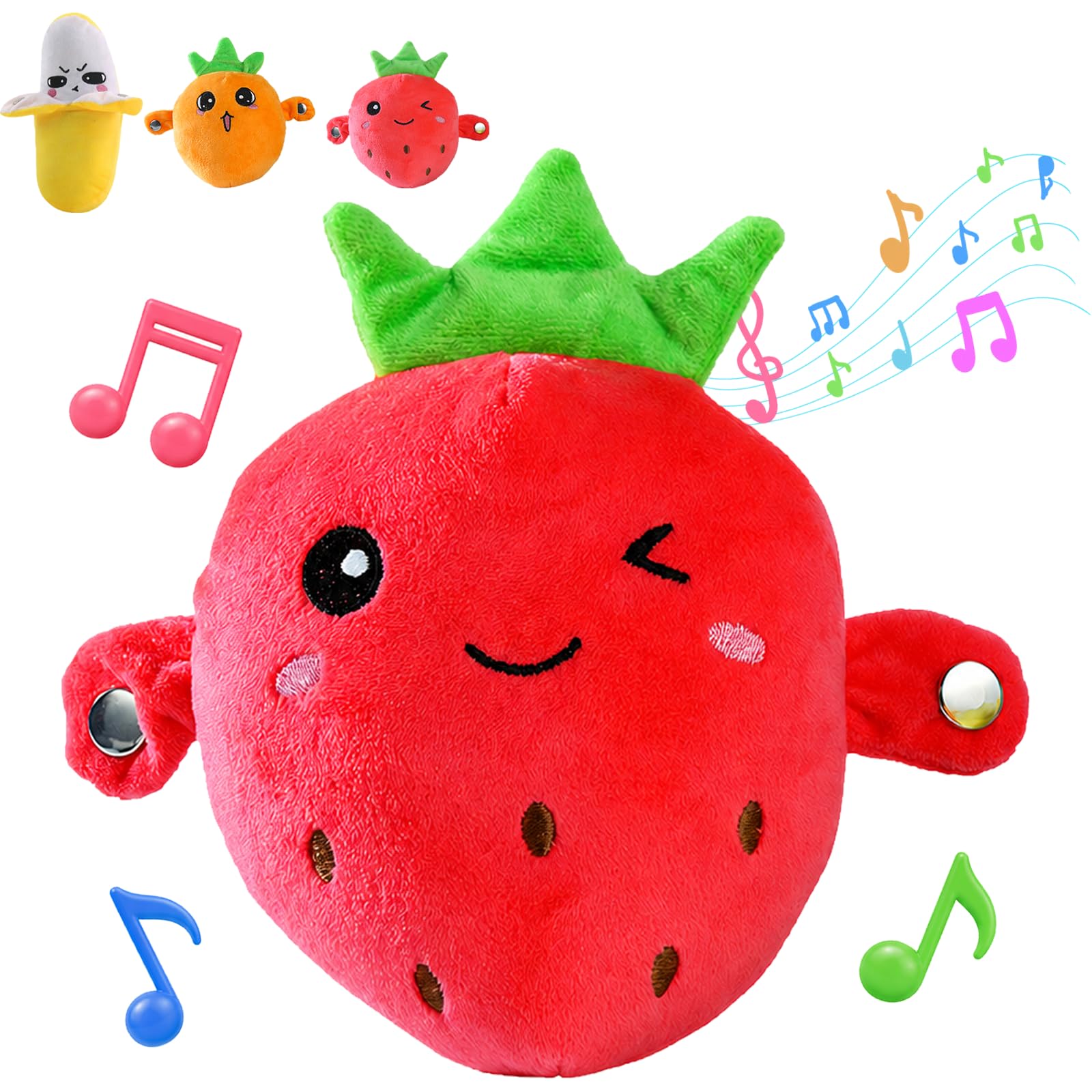 LLELEMAMO Interactive Music Plush Toy, Touch Activated Sensory Fruit Toy for Kids & Adults, Dual-Mode Skin-to-Skin Musical Interaction, Soft Carrot Stuffed Animal Gift for Boys Girls (Strawberry)