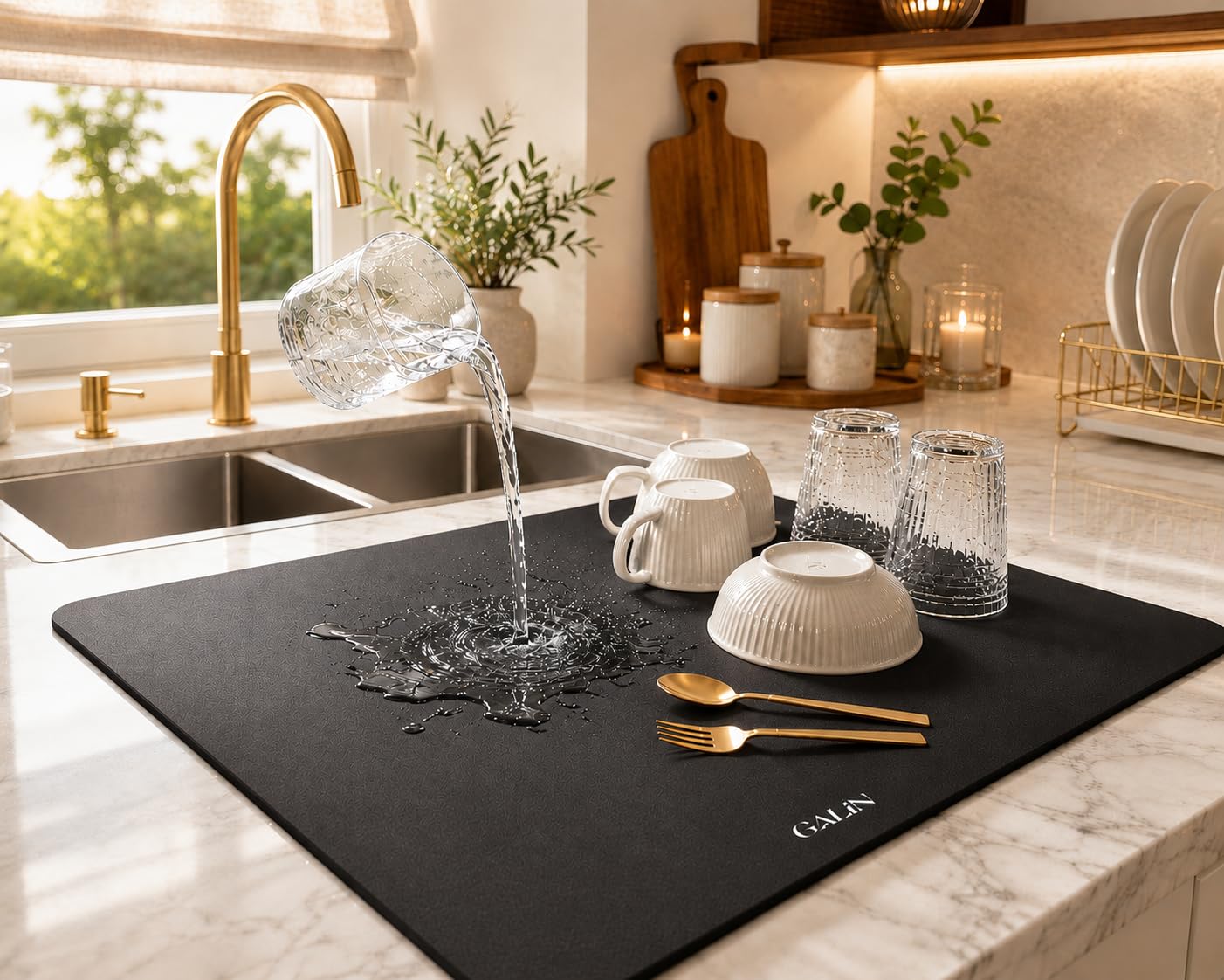 GALIN Dish Drying Mat for Kitchen Counter 58 x 38 cm | Super Water Absorbent Kitchen Drying Mat with Anti-Slip Rubber Base | Quick Dry Dish Drainer Mat-image-23