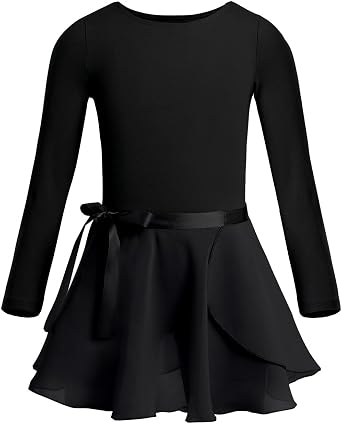 iEFiEL Girls Team Basic Long Sleeve Bodysuit Leotard Dress Gymnastics Ballet Wrap Skirt Dance Costume Black 8-10