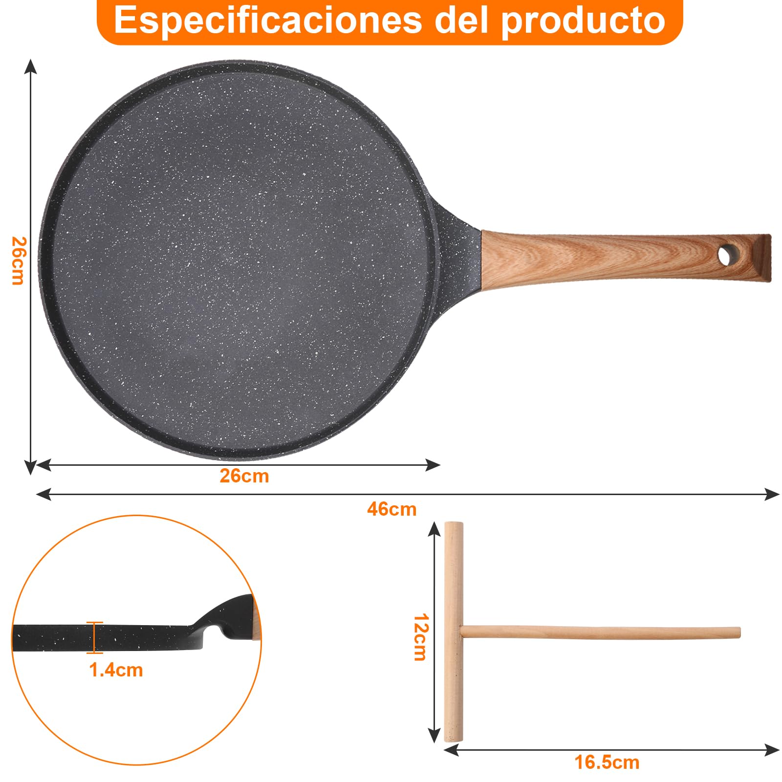 Sartén para crepes de 26 cm, sartén premium para crepes y sartén para crepes con extensor de masa, sartén para crepes sin BPA, ideal antiadherente para panqueques y tortillas