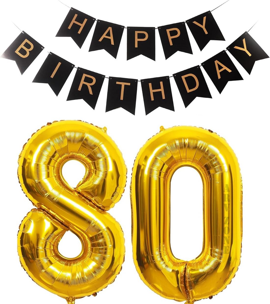 32 inch Giant Gold 80 Number Balloons & Black Happy Birthday Banner, 80th Birthday Decorations with Bunting Banner & 80 Number Foil Balloons Large for Girl Boy Birthday Party (HBD 80)