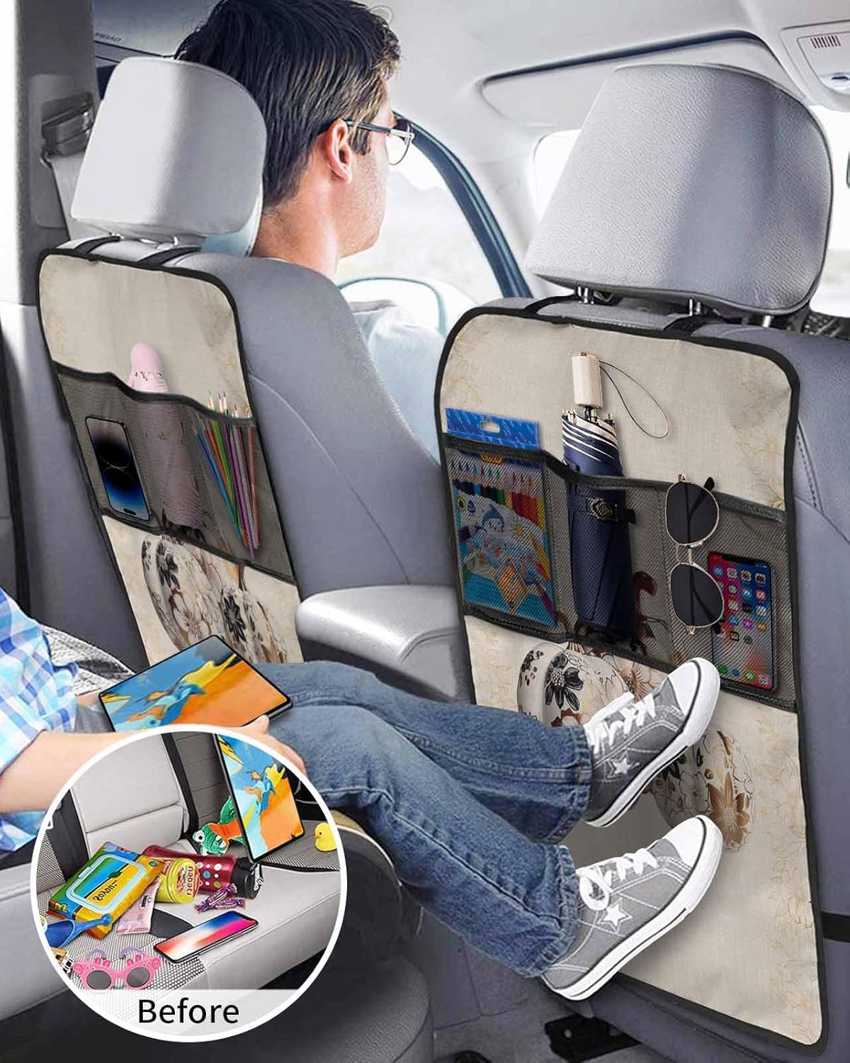 Car Seat Protector, 2 Pack Kick Mats with Organizer 3 Pocket Storage, Fall Thanksgiving Pumpkin Rustic Floral Botanical Leaves Linen Back Seat Cover for Universal Fit Automotive Interior Protectors