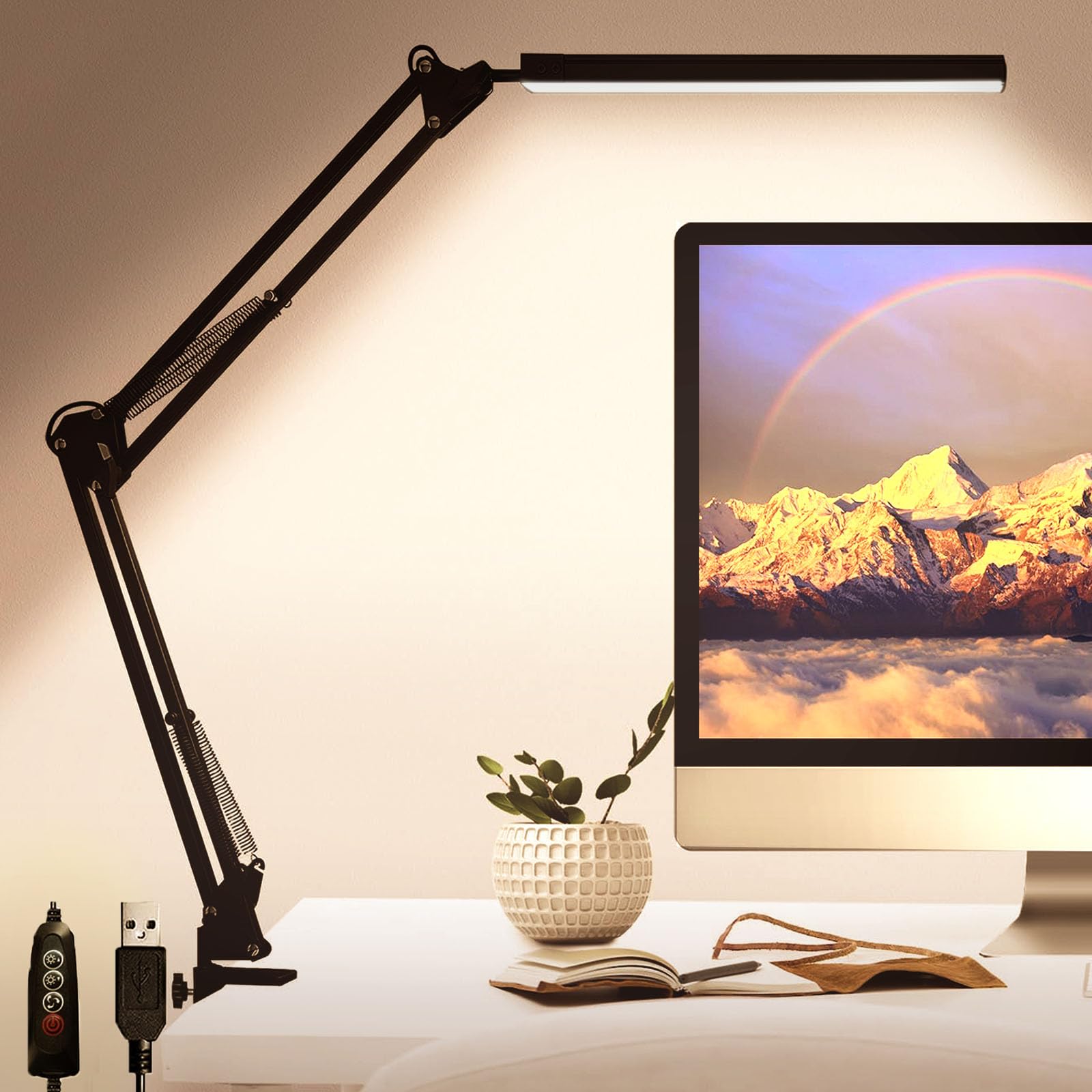 Sponsored Ad – Desk Lamp, Eye Caring LED Desk Light, Adjustable Swing Arm, Memory Function with 3 Color Modes x 10 Brightness Levels, 12w Study Lamp for Office, Nails, School, Working - Black