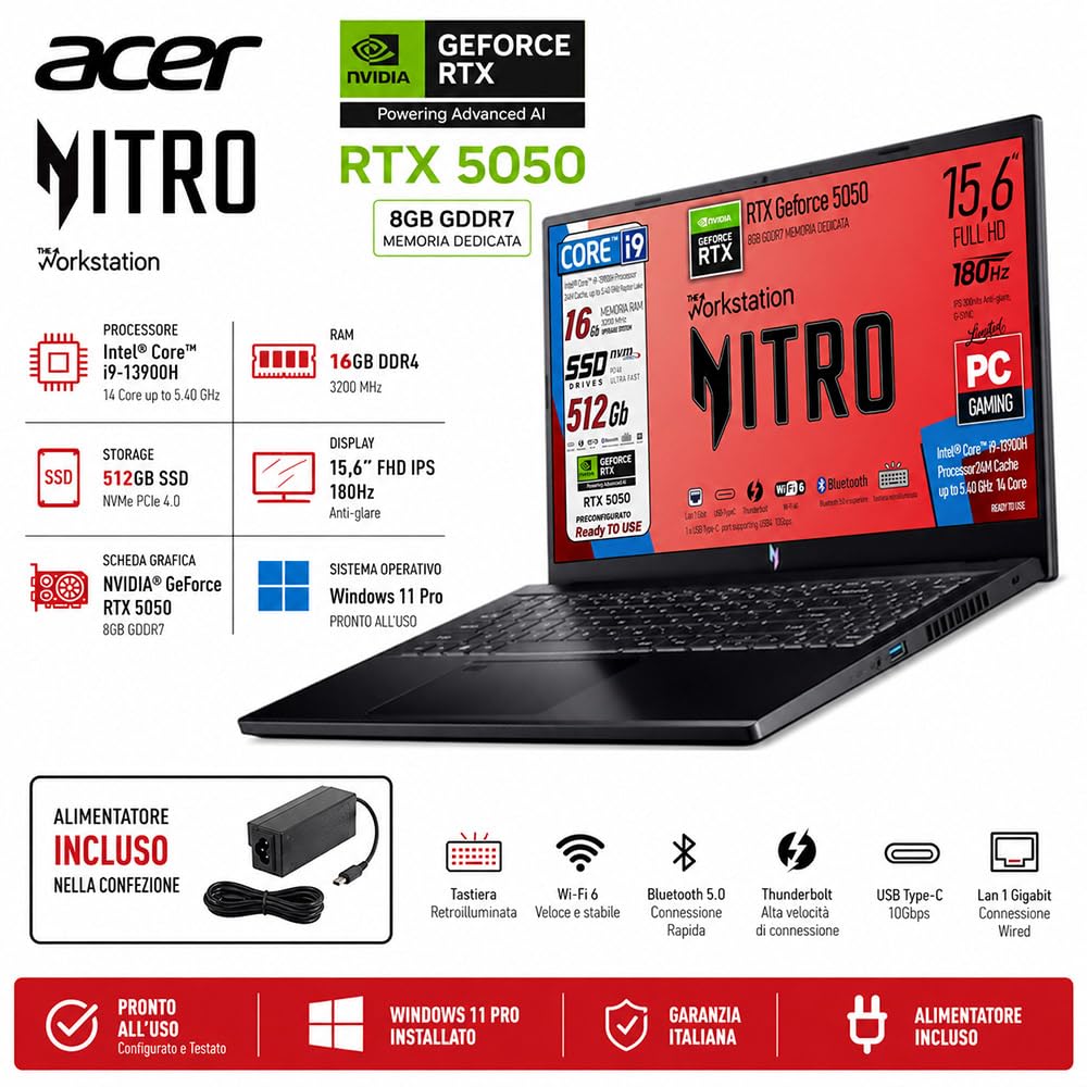 Acer Nitro Notebook Gaming Intel Core i9 13900H Display 15,6" FHD IPS 180Hz | Ram 16GB, SSD 512GB, 180Hz, NVIDIA GeForce RTX 5050 8GB GDDR7, Tastiera Retroilluminata, ready to Use, Include alimentatore