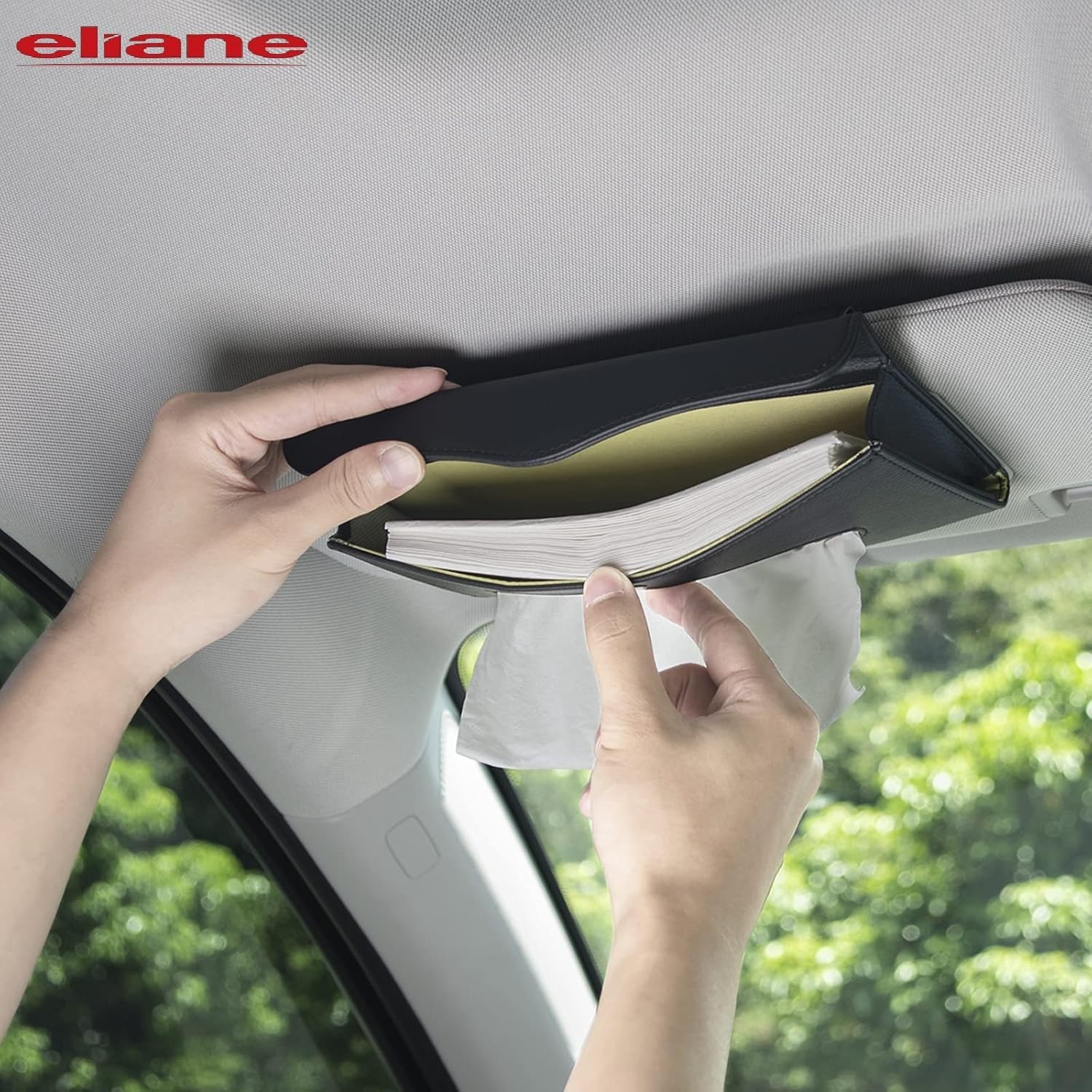 Eliane Car Tissue Holder Sun Visor Napkin for Upgraded Version Hanging Premium PU Leather Universal Auto Easy Use Mask Dispenser Box with Refill (Black, 1 Pcs) - Image 6 thumbnail