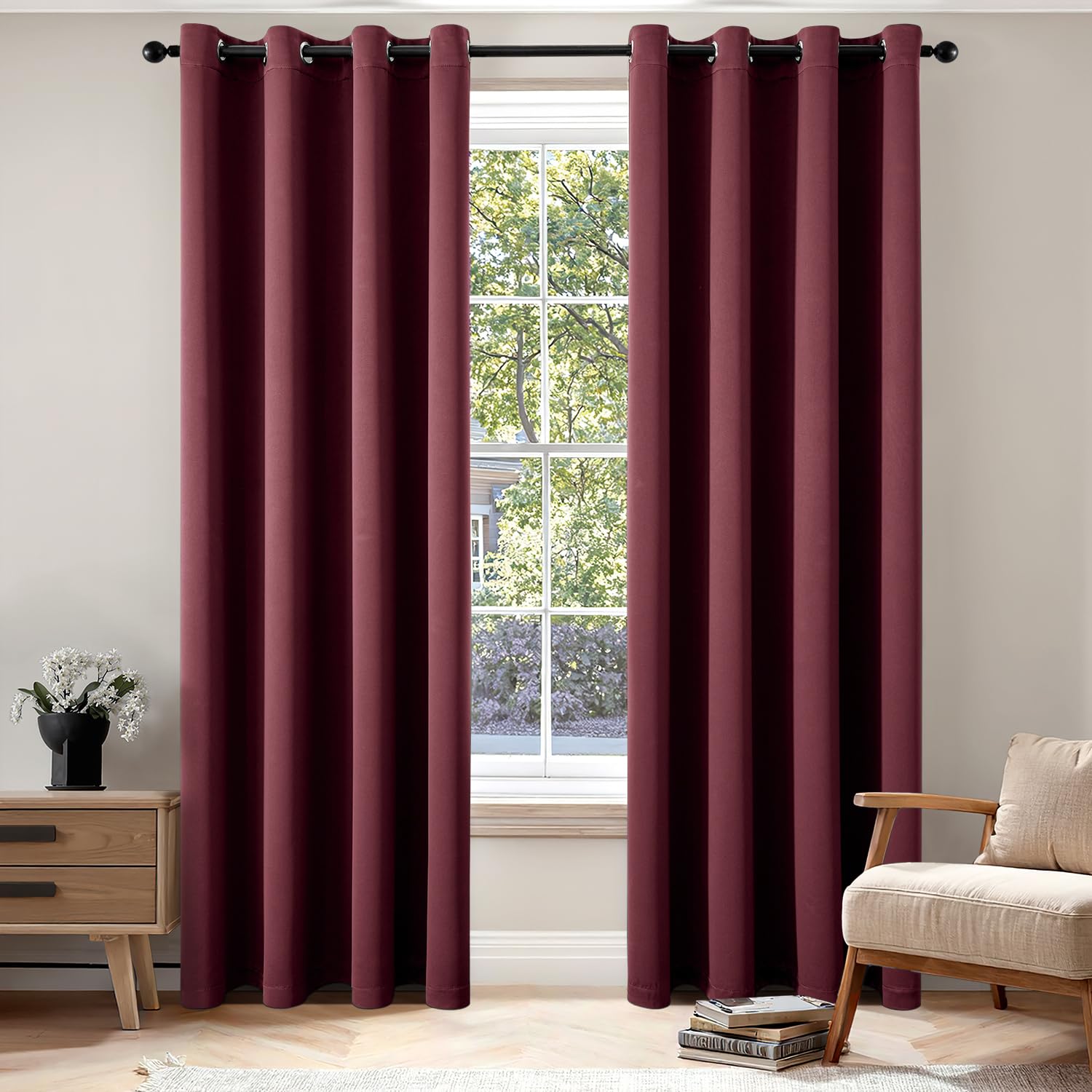 EMEMA Zasłony w kolorze bordowym, nieprzezroczyste, z oczkami, zasłony do salonu i sypialni, nieprzezroczyste zasłony z oczkami, każda o wymiarach 245 x 140 cm