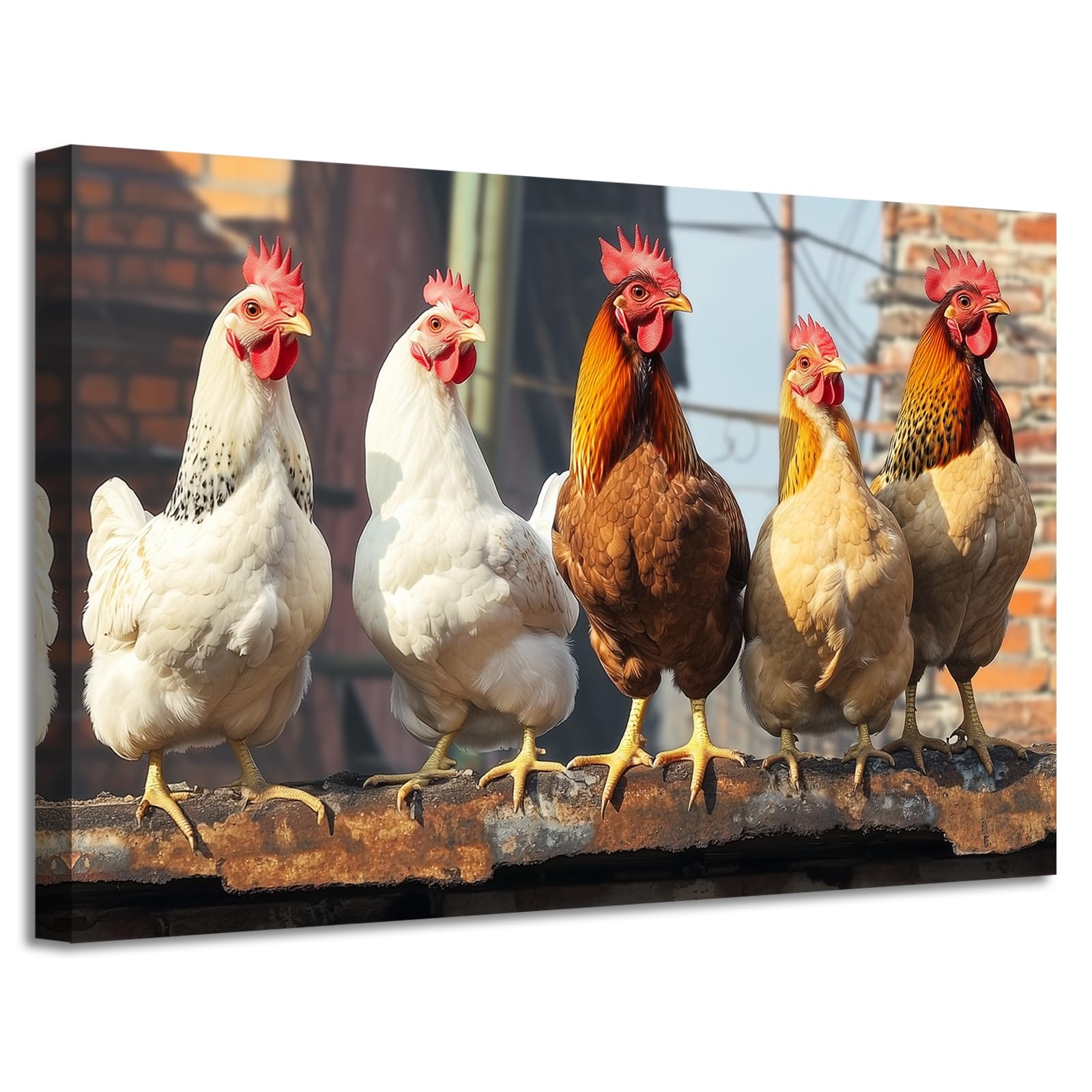 LZIMU Chicken Wall Art Funny Rooster Canvas Prints Rustic Farmhouse Rooster Painting Animal Pictures for Farm Kitchen Decor Framed (Brown, (30.00 x 45.00 cms))