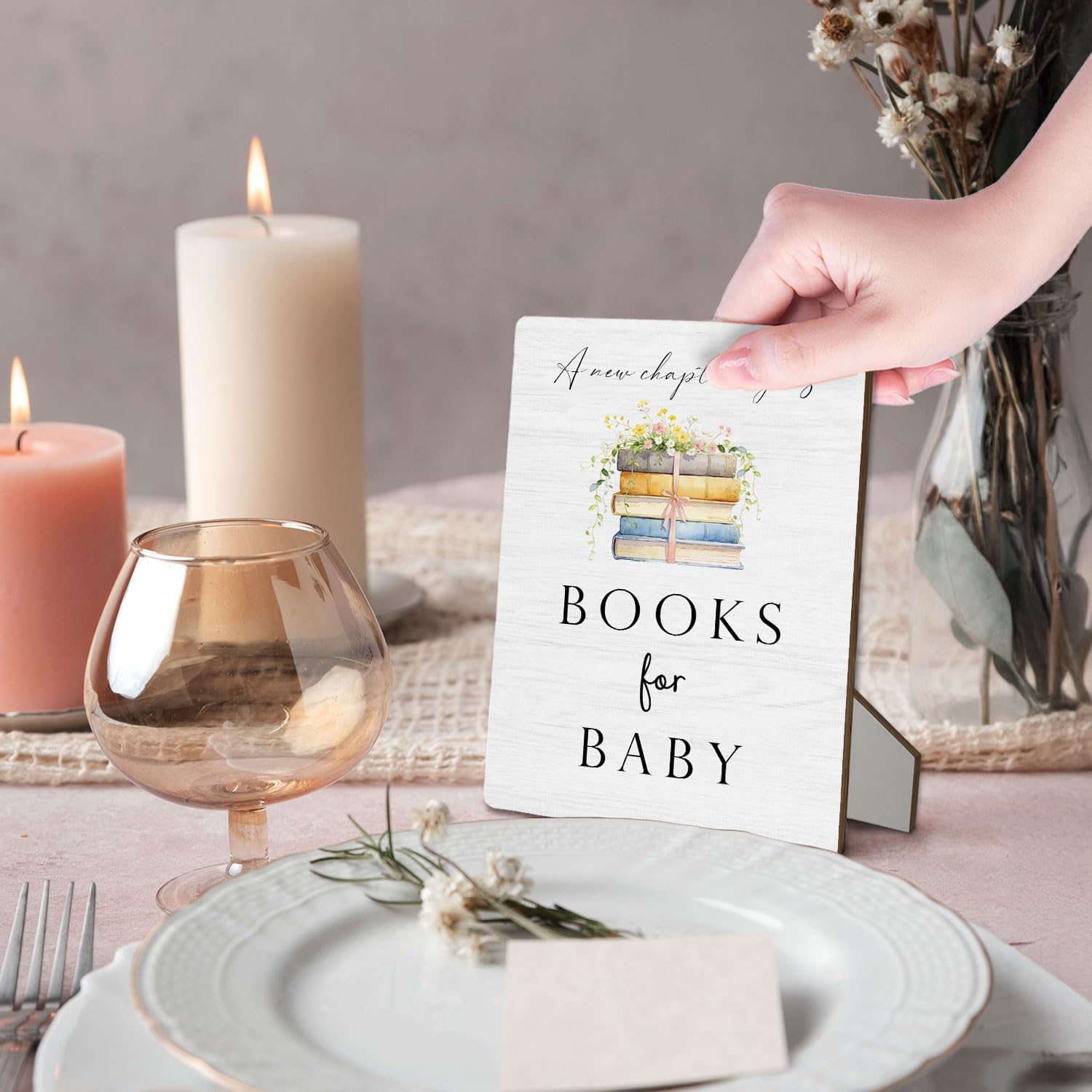 A New Chapter Begins Baby Shower Sign, Floral Pink Bow Books for Babies Welcome Wooden Stand Signs 5"X7", Storybook Baby Shower Table Decorations for Girls Newborn(5x7 Inch) image 3