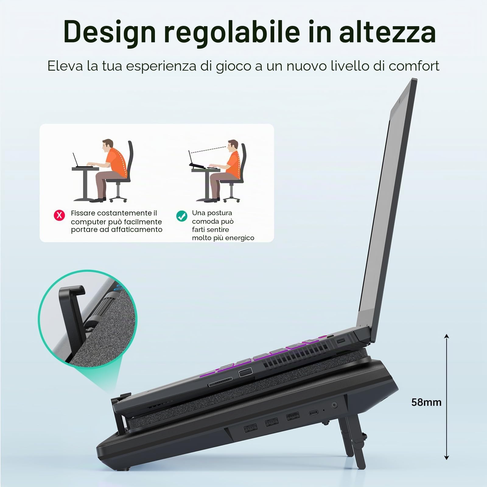 llano raffreddamento per laptop Gaming Basic con velocità regolabile, ventola turbo extra-large da 14 cm e schiuma sigillante per notebook da 38 a 48 cm, hub USB a 3 porte(Nessun RGB)