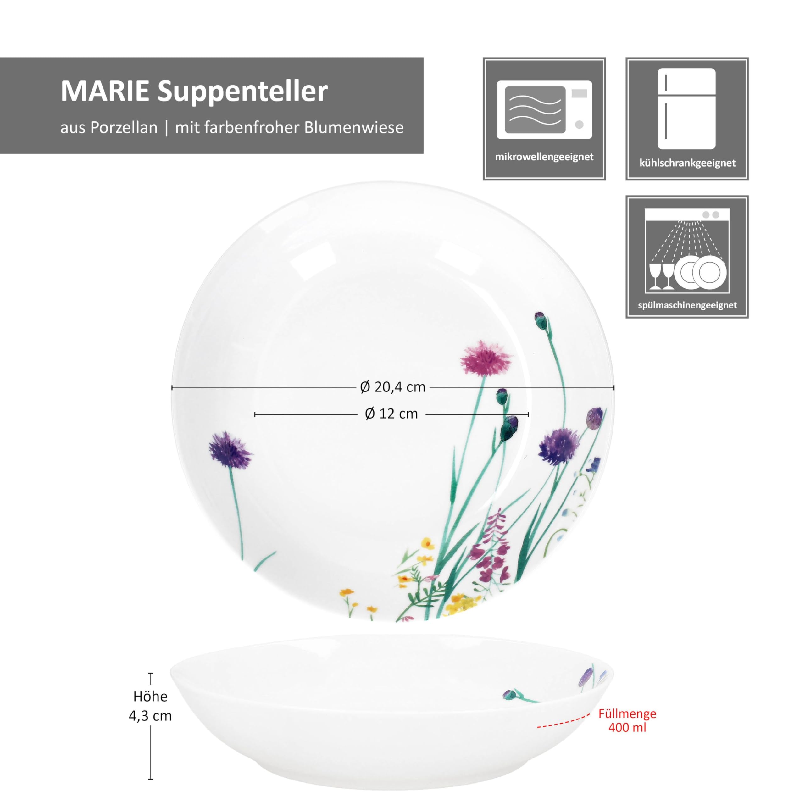 MamboCat Marie 12delige Tafelservice | Porseleinen servies met bloemenweide-decor voor 6 personen | 6X soepborden & 6X eetborden voor ontbijt, lunch en diner