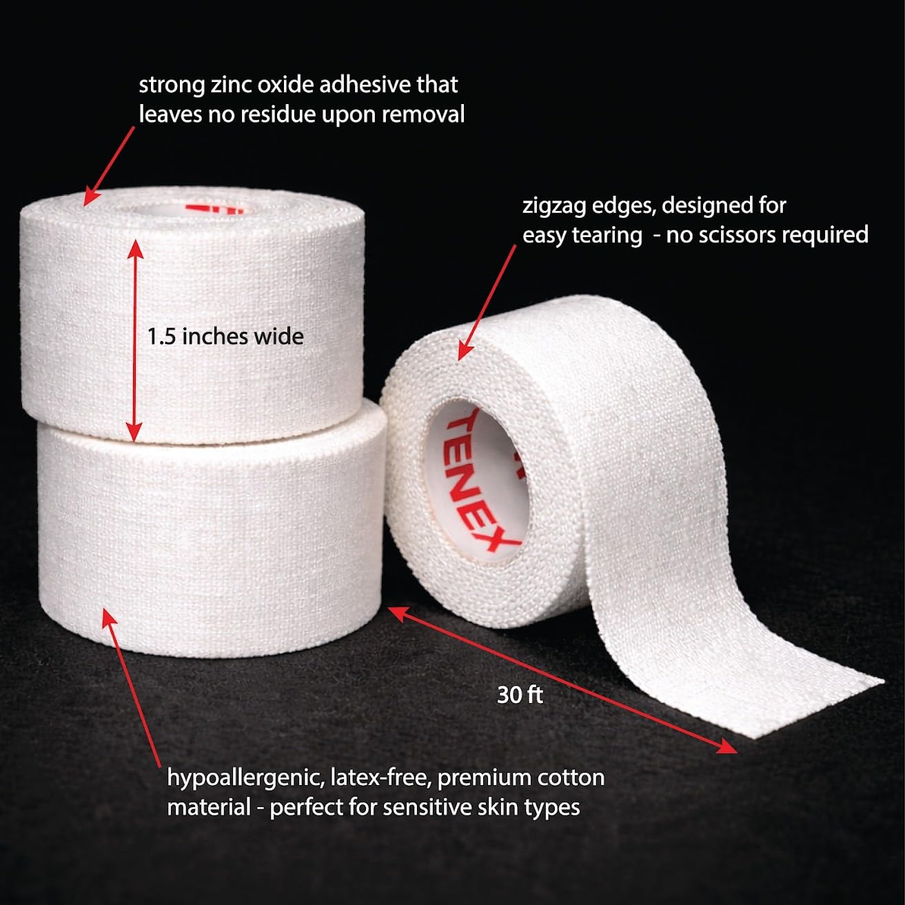 Tenex Athletic Tape – 3 Rolls 1.5" x 30FT White Finger, Wrist & Ankle Sports Tape with Zig-Zag Easy Tear Edge – 100% Cotton, Zinc Oxide Adhesive, Hypoallergenic, Latex and Rayon Free, Strong Hold & Long-Lasting Support - 4