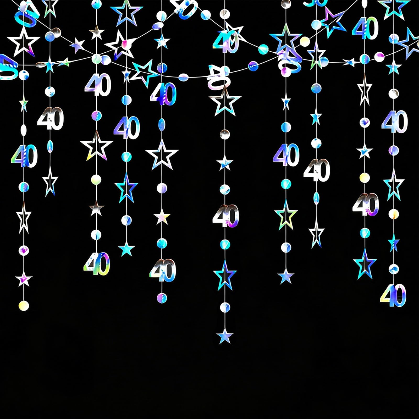 GAKA FAVOR Iridescent 40th Birthday Decorations for Her and Him Number 40 Circle dots Star Garland Banner Streamer for 40th Birthday and Anniversary Decor(40ft)