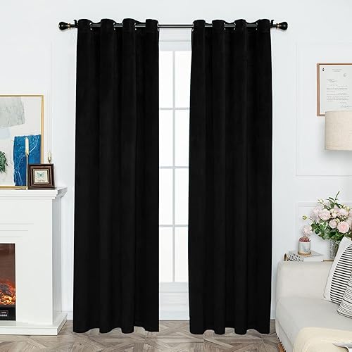 FY FIBER HOUSE Grommet Velvet Window Blackout Curtains Drapes 2 Panels for Bedroom Living Room Office W52xL108 Inch Set of 2 Panels Black
