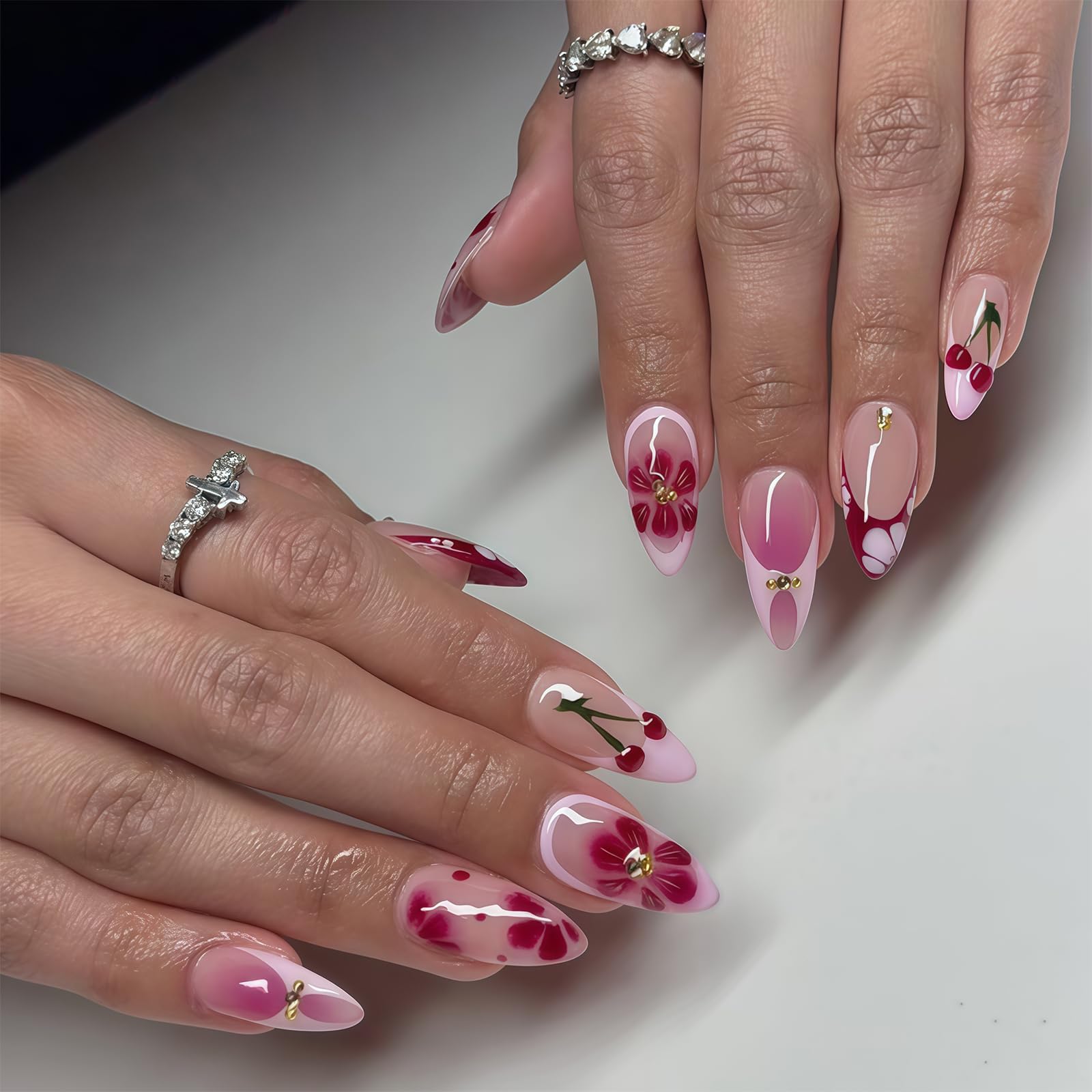 24 Pieces Medium Almond Artificial Nails Red Cherry French 3D Design Full Cover Press On Reusable Gel Manicure Set