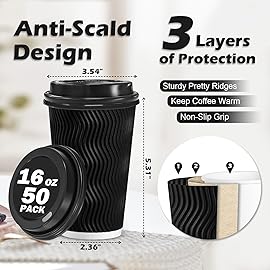 Lamosi 16 oz Disposable Coffee Cups with Lids, 50 Pack Insulated Hot Cups To Go Paper Coffee Cups with Lids and Straws, Corrugated Ripple Wall Cup for Hot Drink, Office, Coffee Bar (Black)