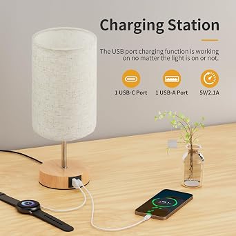 Suright Bedside Lamps, Touch Lamps Bedside with USB A+C Charging Ports