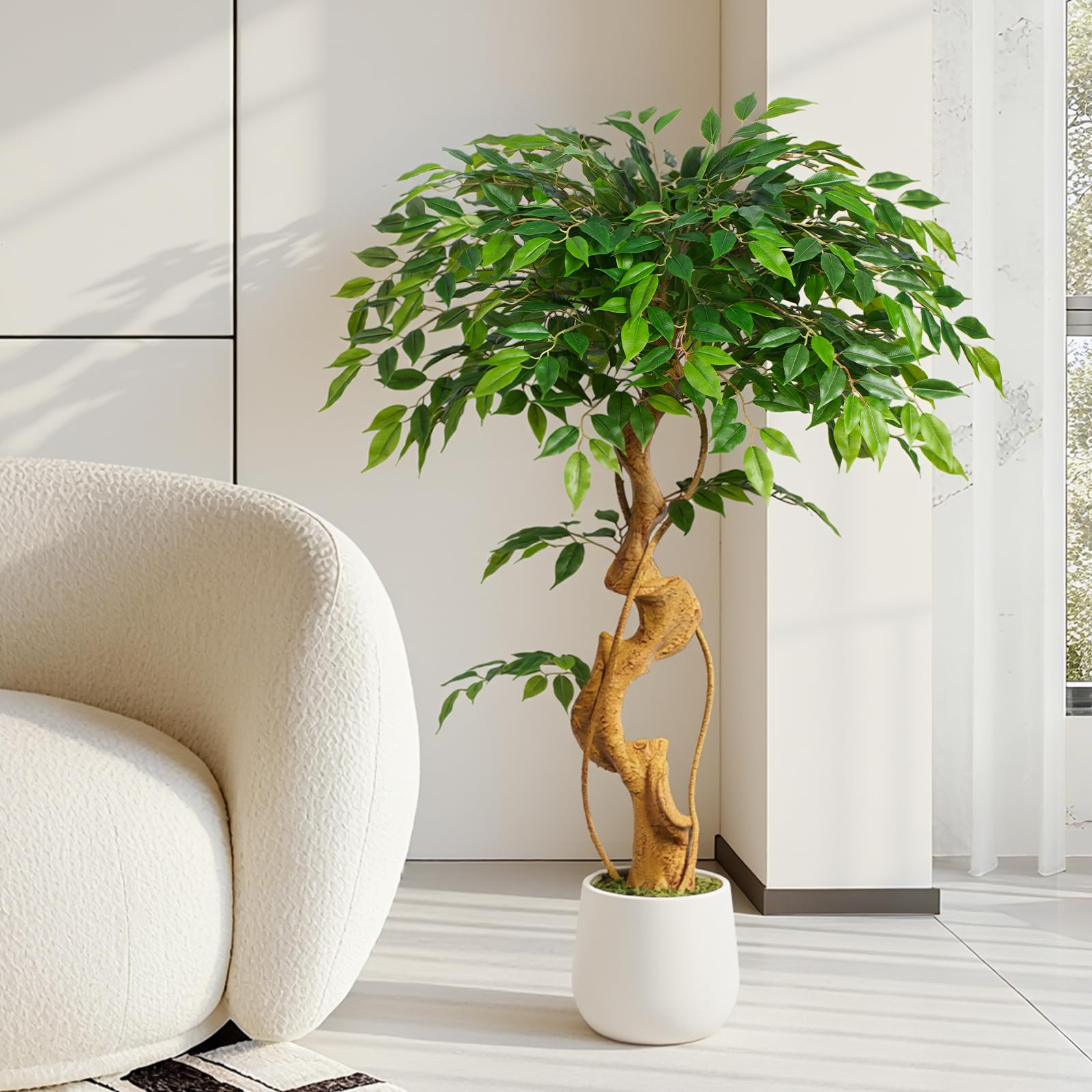 Pianta artificiale, albero di ficus, 120 cm, con vaso bianco, grande come reale, con tronco curvo e 930 foglie, albero artificiale per decorazione di interni, soggiorno, camera da letto