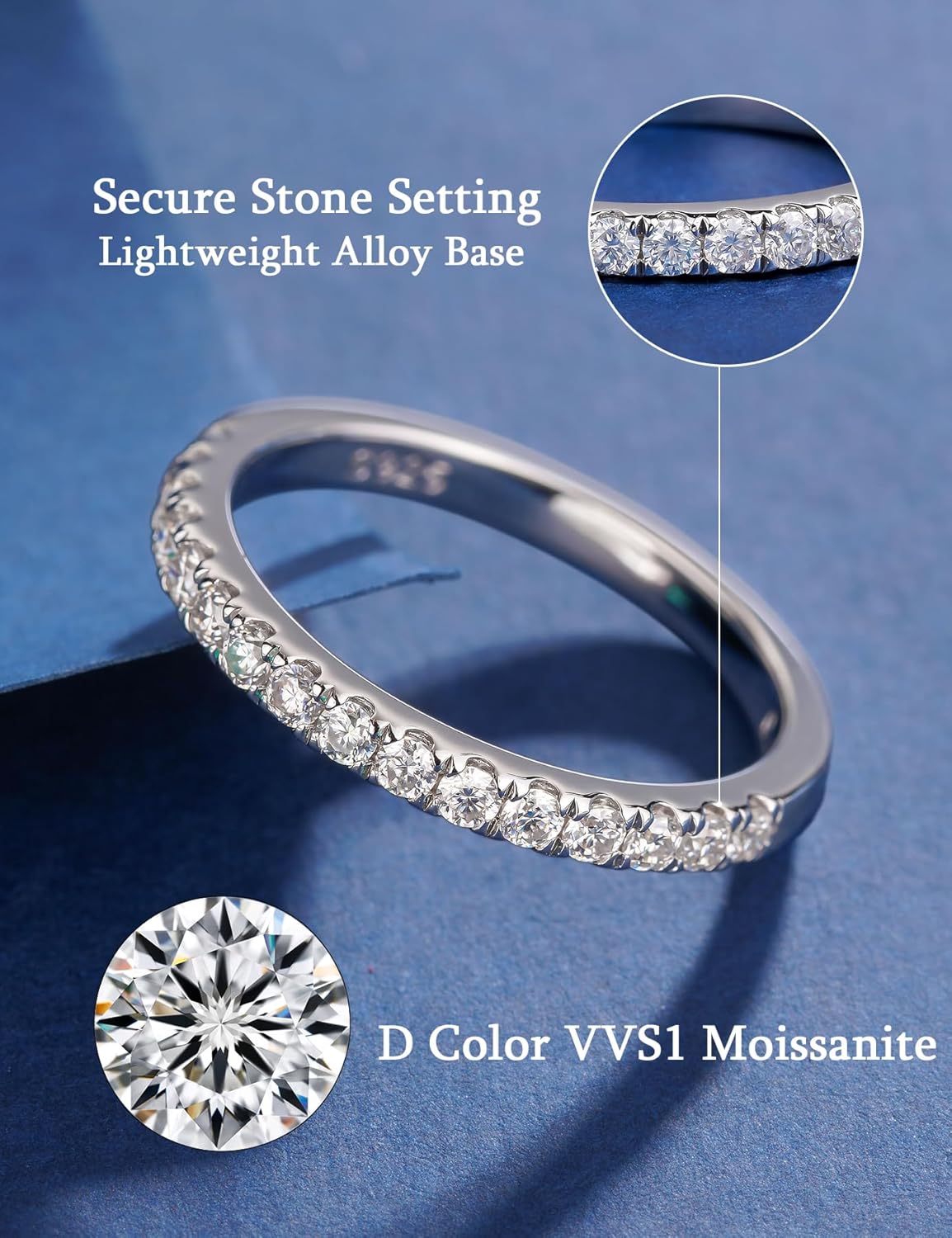 IMOLOVE Moissanite Wedding Band for Women, D Color VVS1 Moissanite, Half Eternity Band, Stackable Promise Ring for Engagement, Anniversary, Proposal