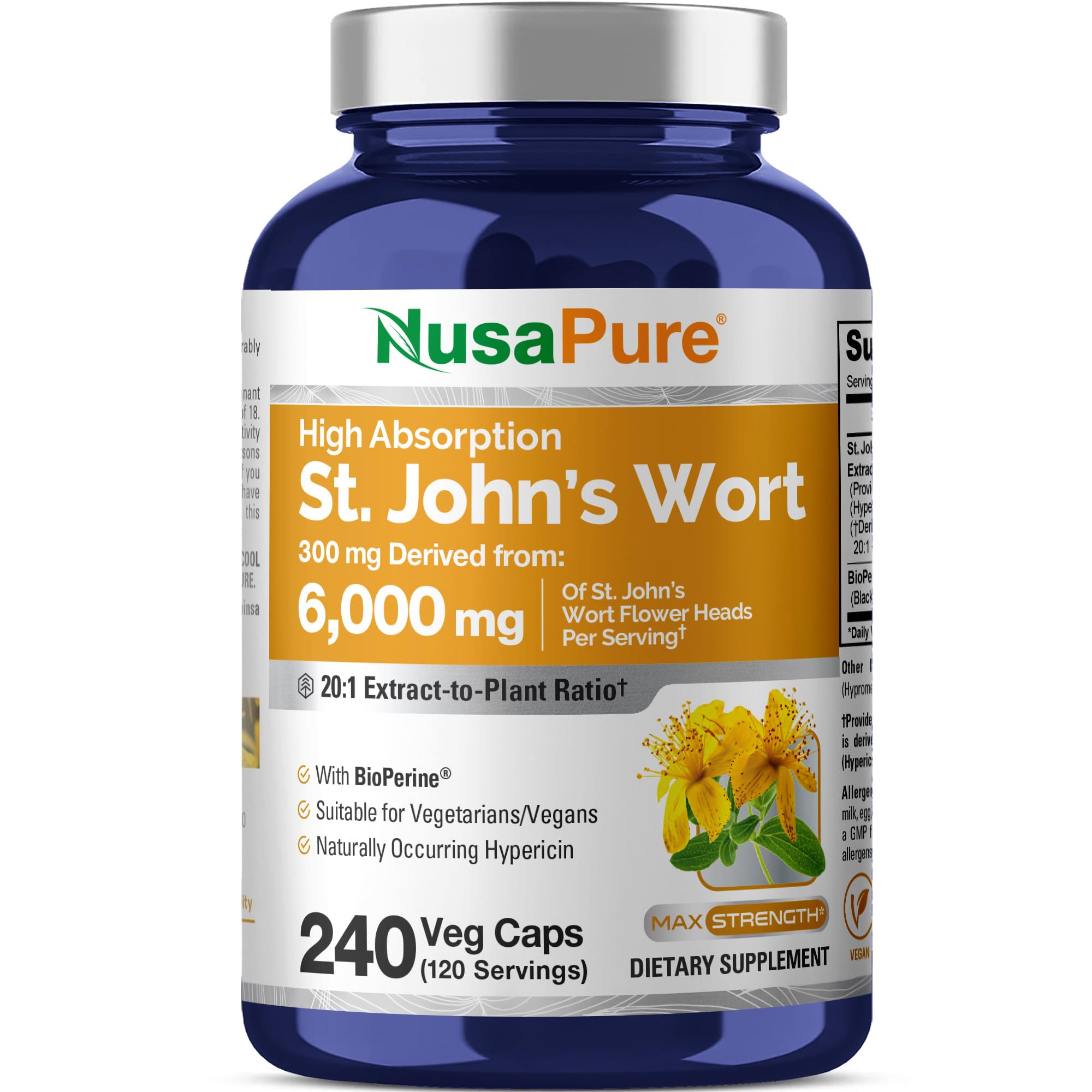 NusaPure St. John's Wort 20:1 Extract, 300 mg Equivalent to 6,000mg 240 Veggie Capsules (Vegetarian, Non-GMO) Bioperine
