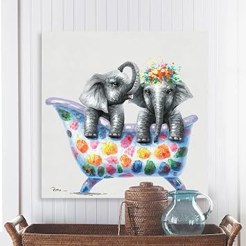 Yidepot Funny Elephant Canvas Wall Art Painting Two Little Elephants in Colorful Bathtub Playing Picture Print Decorative Mural for Bathoom Framed and ready to hang (35x35cm)