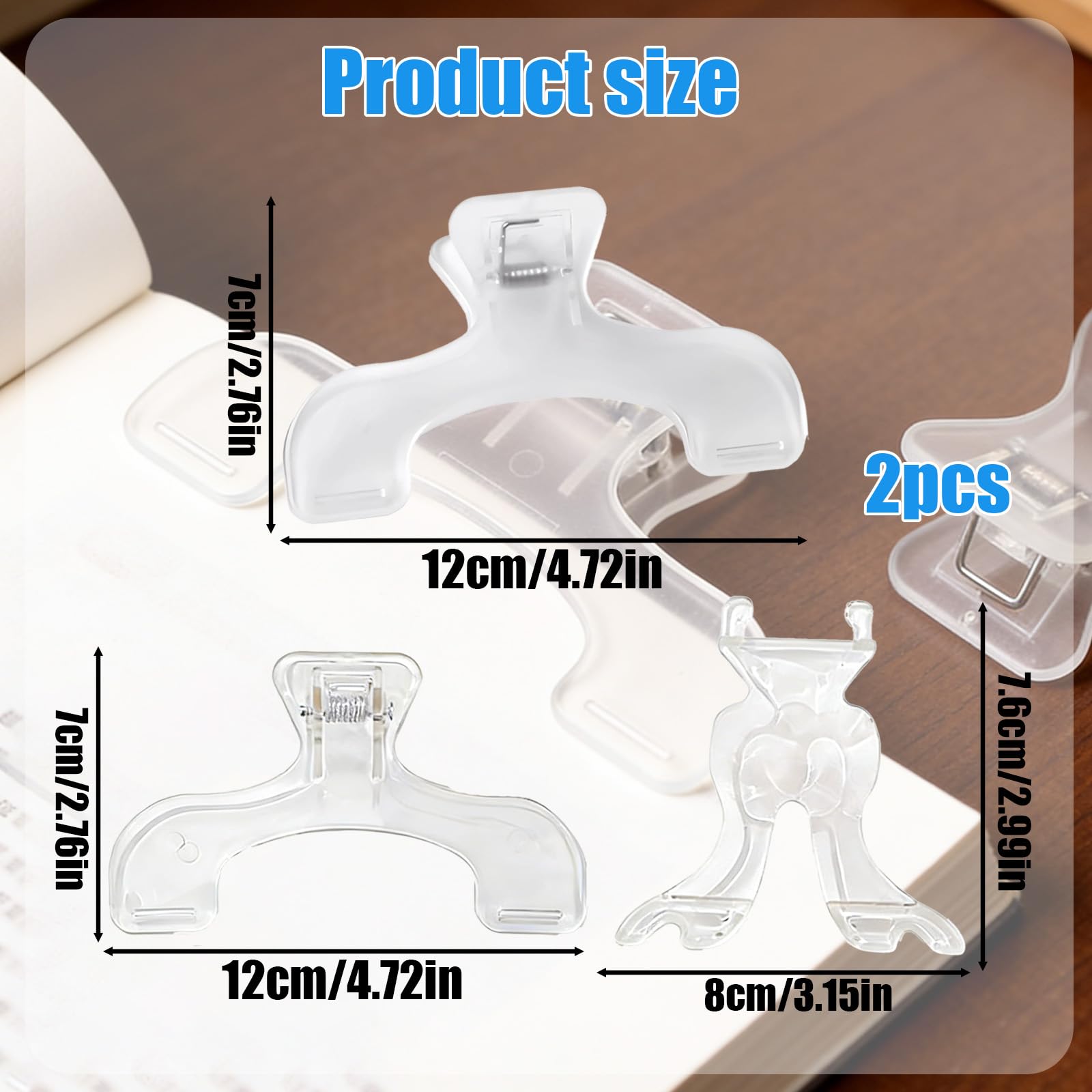 Clip de Libro Transparente 2 Piezas, sujetapáginas U de plástico Resistente con Soporte, Accesorio Lectura Manos Libres para Libros, revistas y Recetas, Ideal para Estudio, Cocina y Oficina