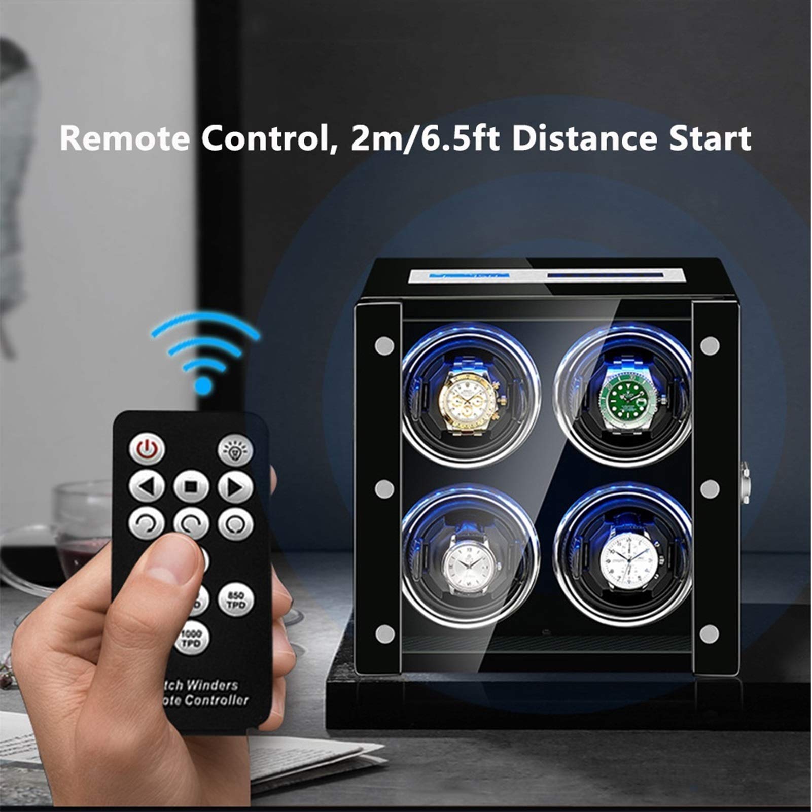 Caricatore Automatico per Orologi con 4 Display LCD, Schermo Touch, Telecomando, retroilluminazione a LED, Cuscini per Orologi Regolabili, Motore Silenzioso. Marrone, NER，Black