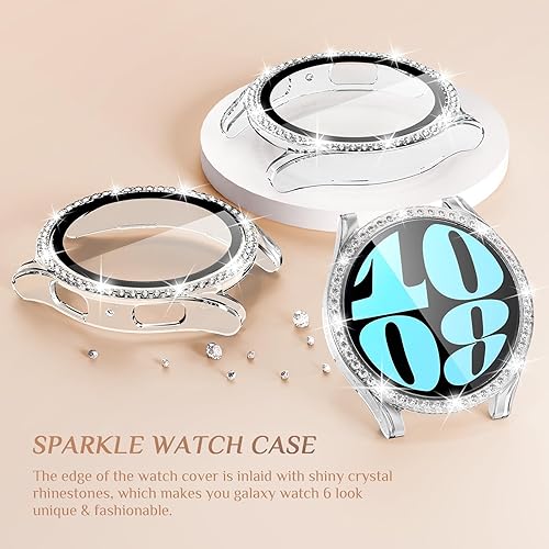 Miniatura 3 de Goton Paquete de 3 fundas brillantes para Samsung Galaxy Watch 6, protector de pantalla de 1.732 in, vidrio templado con purpurina de diamante para