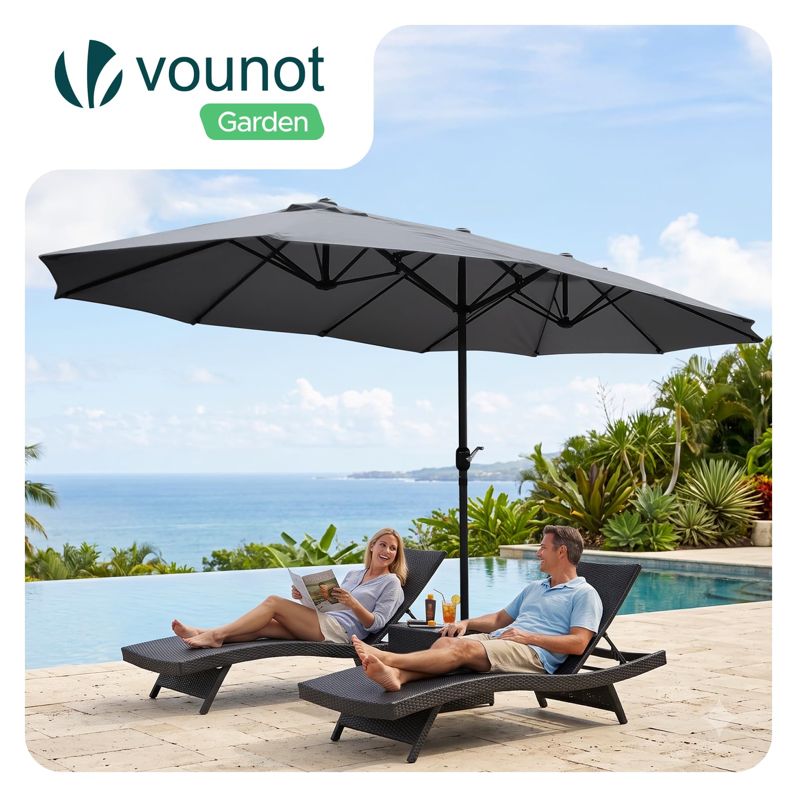 VOUNOT Doppelsonnenschirm mit Handkurbel, Sonnenschirm Marktschirm Gartenschirm Terrassenschirm, Sonnenschutz, 460 x 270 cm, Grau