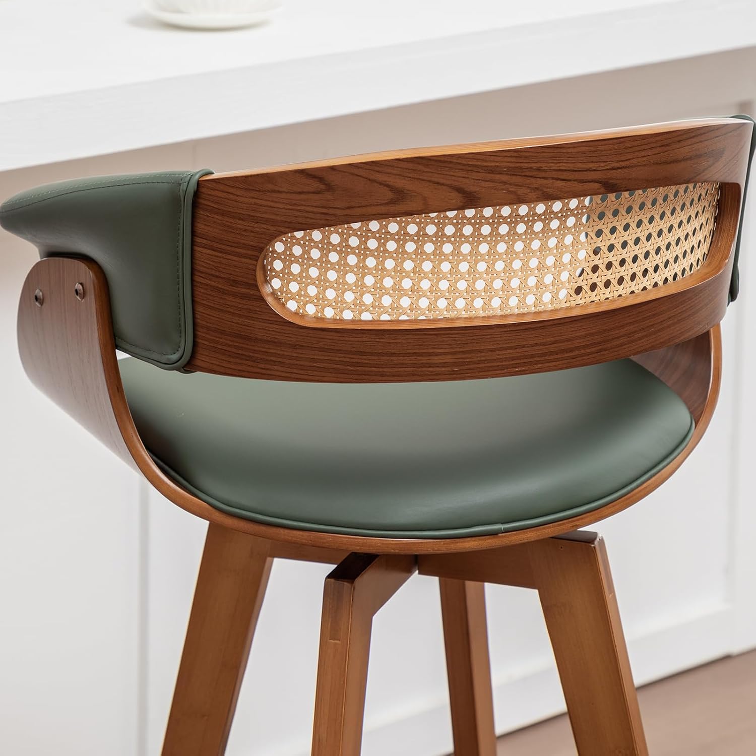 Set of 2 Rattan Swivel Counter Stools - 26.4 inch Mid Century Modern Counter Stools with Cane Back, Upholstered Seat, Curved Arms, Bar Stools for Island/Kitchen/Cafe (26" Seat Height, Green)