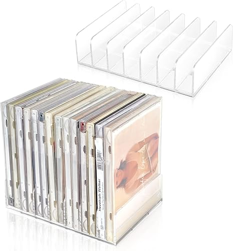 DLUGOPIS 2 soportes de CD de acrílico transparente con patas de goma, estante apilable para CD y DVD, estante organizador de almacenamiento de CD,